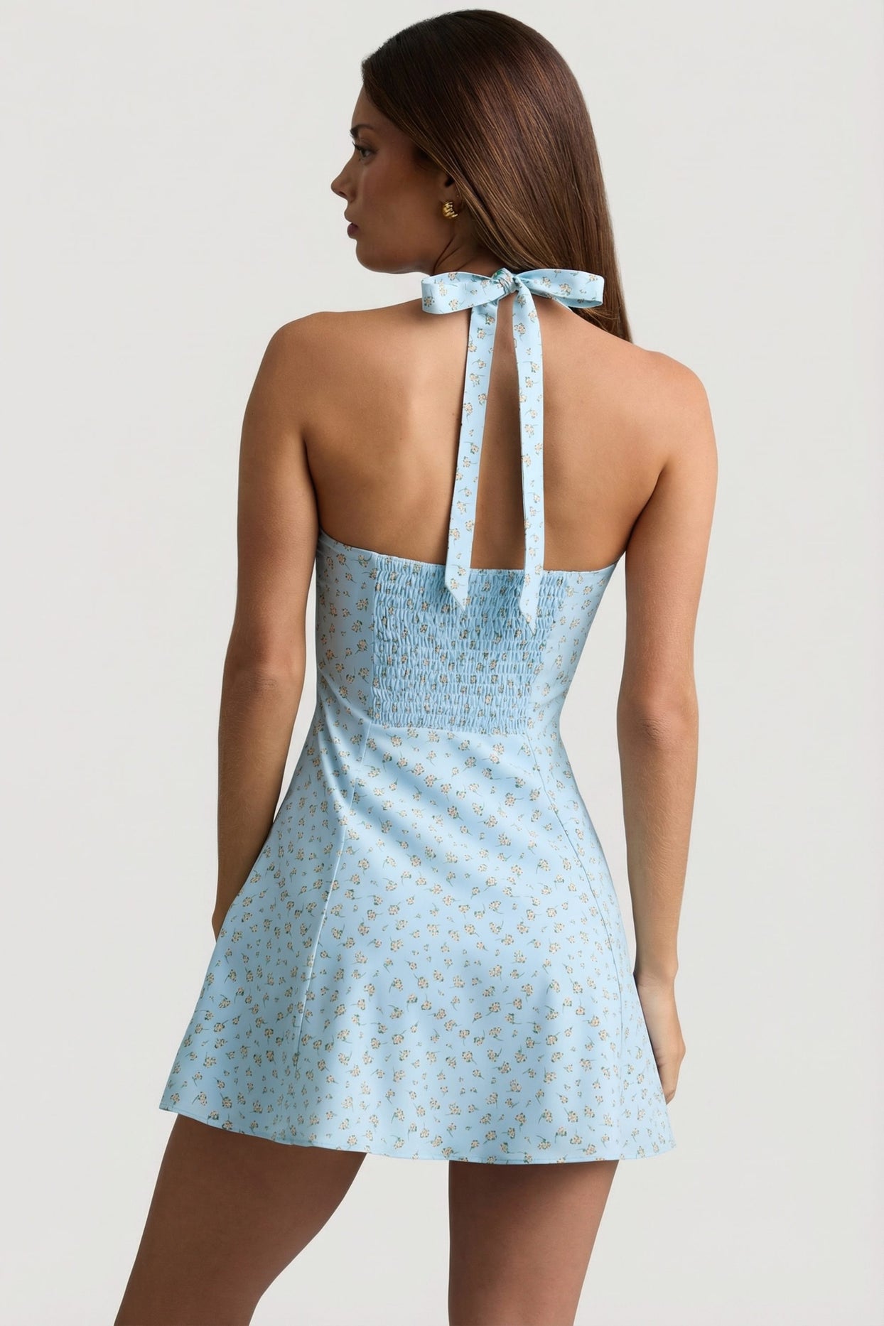 Halterneck A-Line Mini Dress in Blue Flower Print - 6