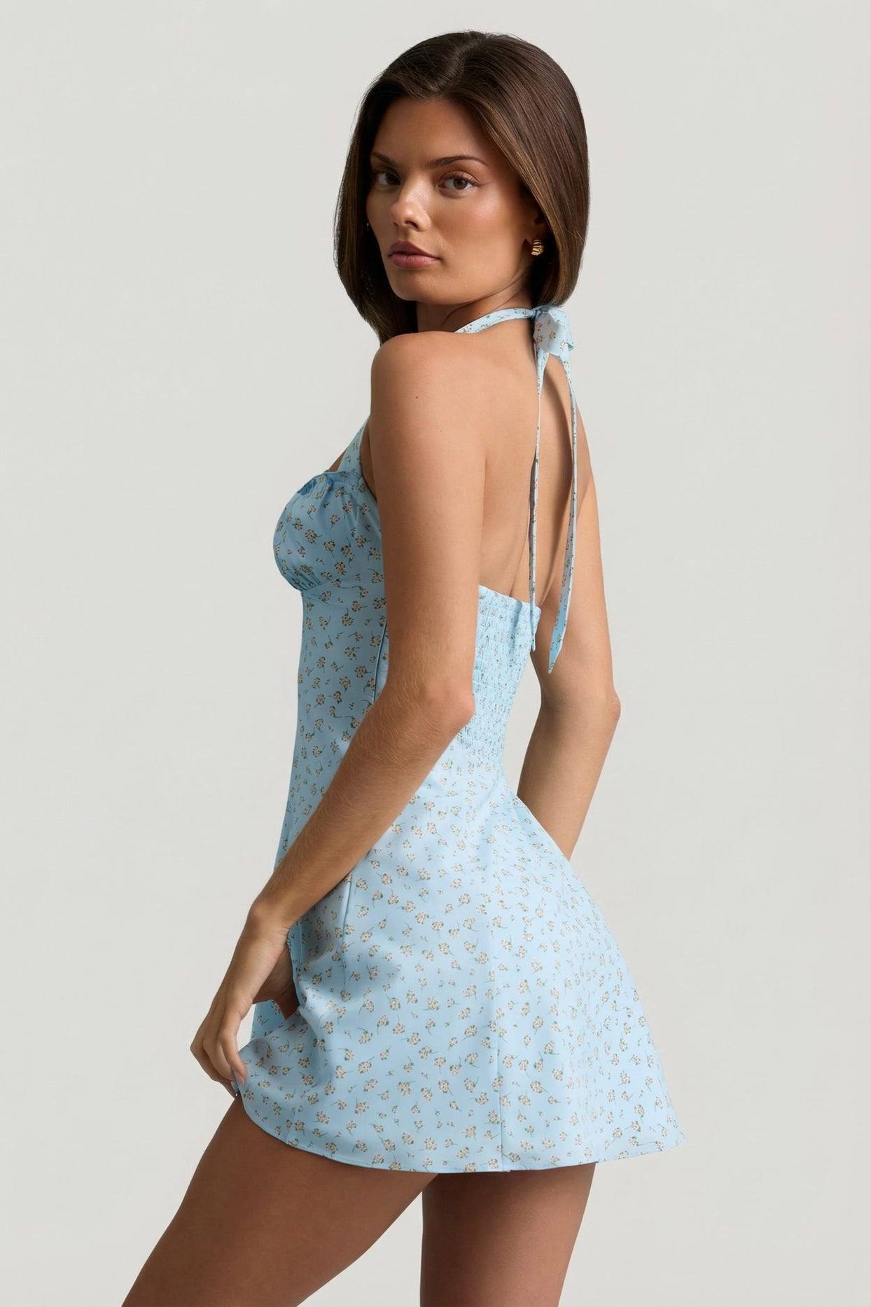 Halterneck A-Line Mini Dress in Blue Flower Print - 2