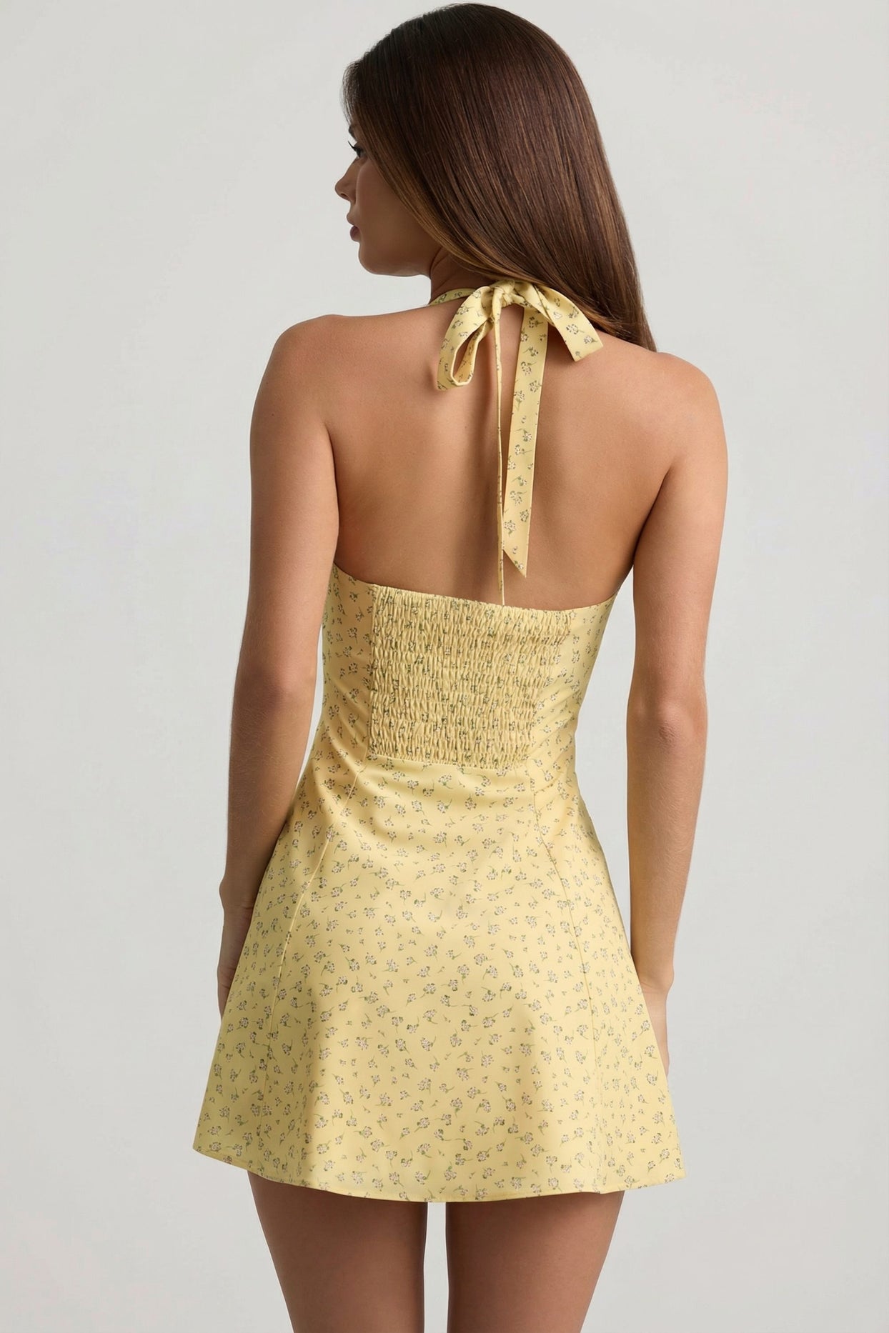 Halterneck A-Line Mini Dress in Yellow Flower Print - 5