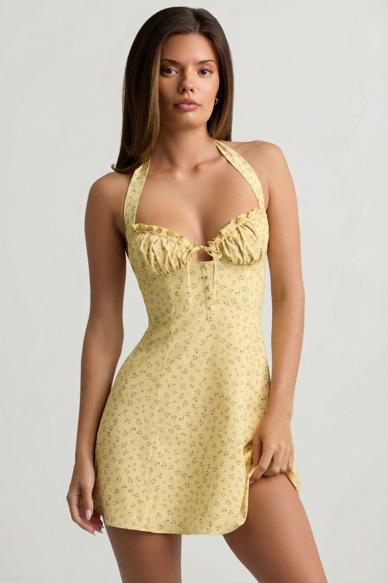Halterneck A-Line Mini Dress in Yellow Flower Print - 7