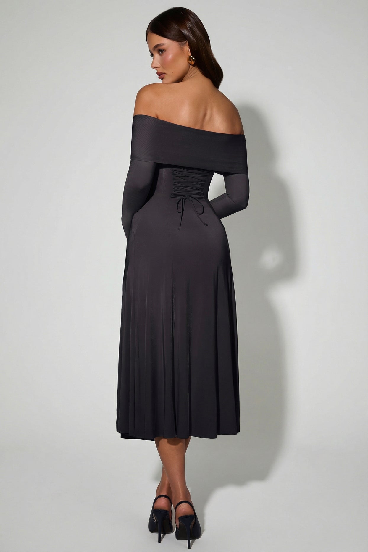 Off-Shoulder Lace-Up A-Line Midaxi Dress in Black - 2