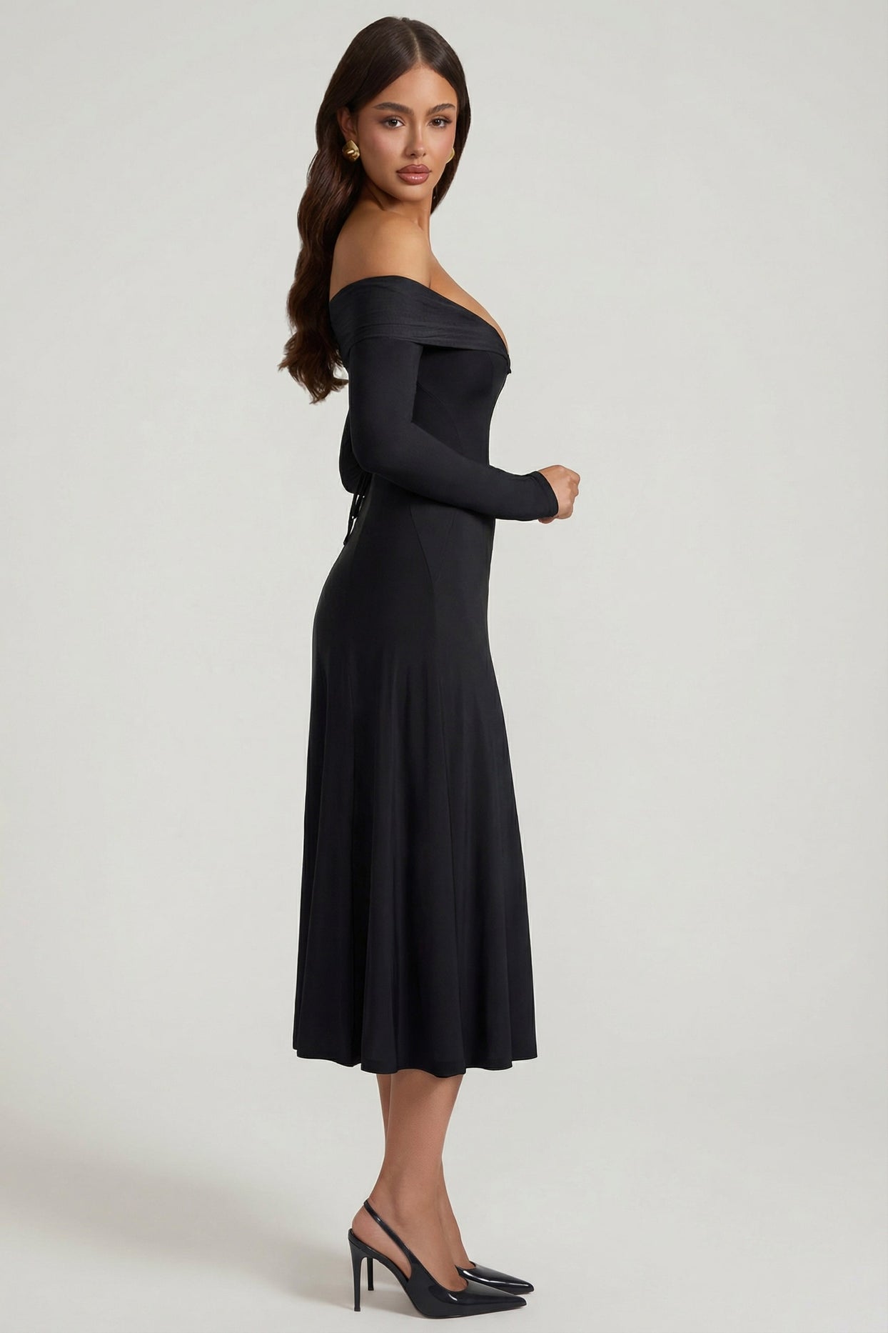 Off-Shoulder Lace-Up A-Line Midaxi Dress in Black - 3