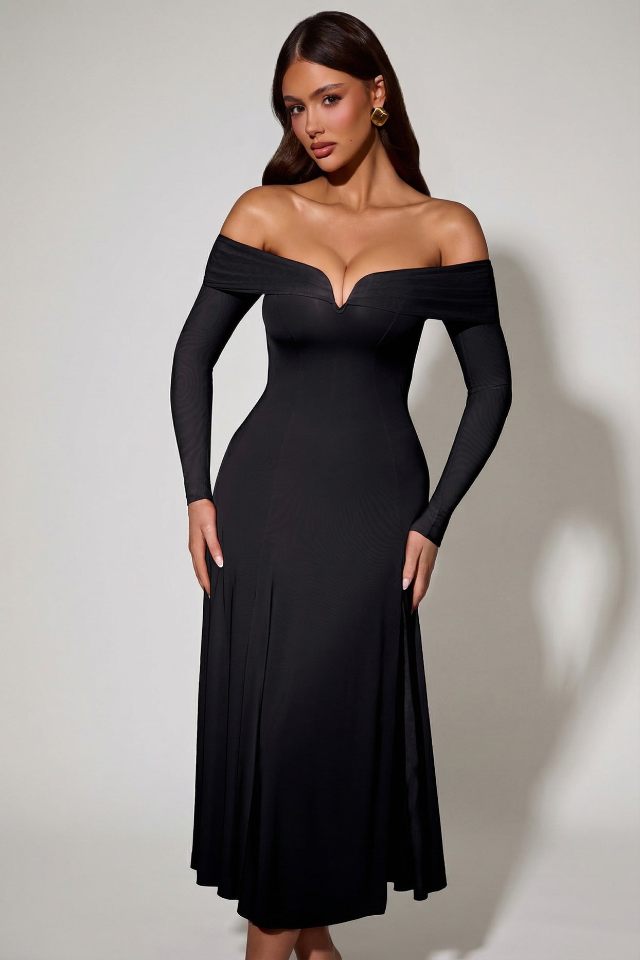 Off-Shoulder Lace-Up A-Line Midaxi Dress in Black - 6