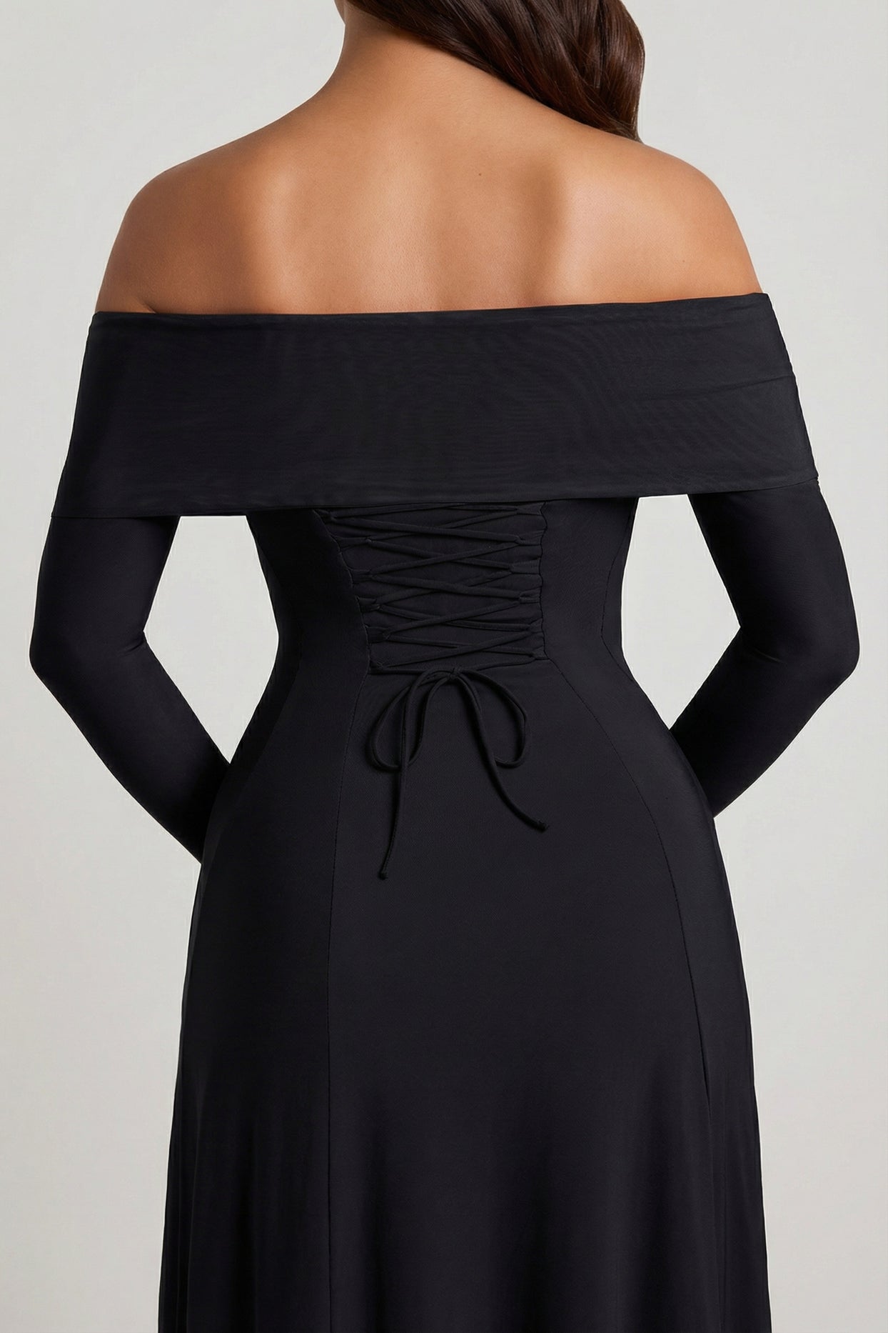 Off-Shoulder Lace-Up A-Line Midaxi Dress in Black - 5