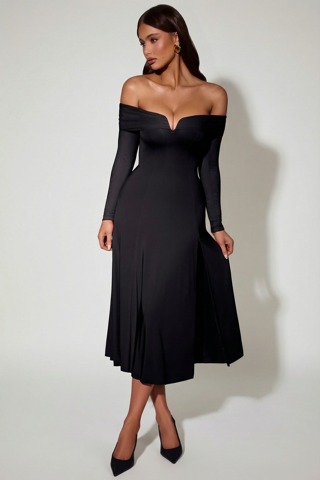 Off-Shoulder Lace-Up A-Line Midaxi Dress in Black - 8
