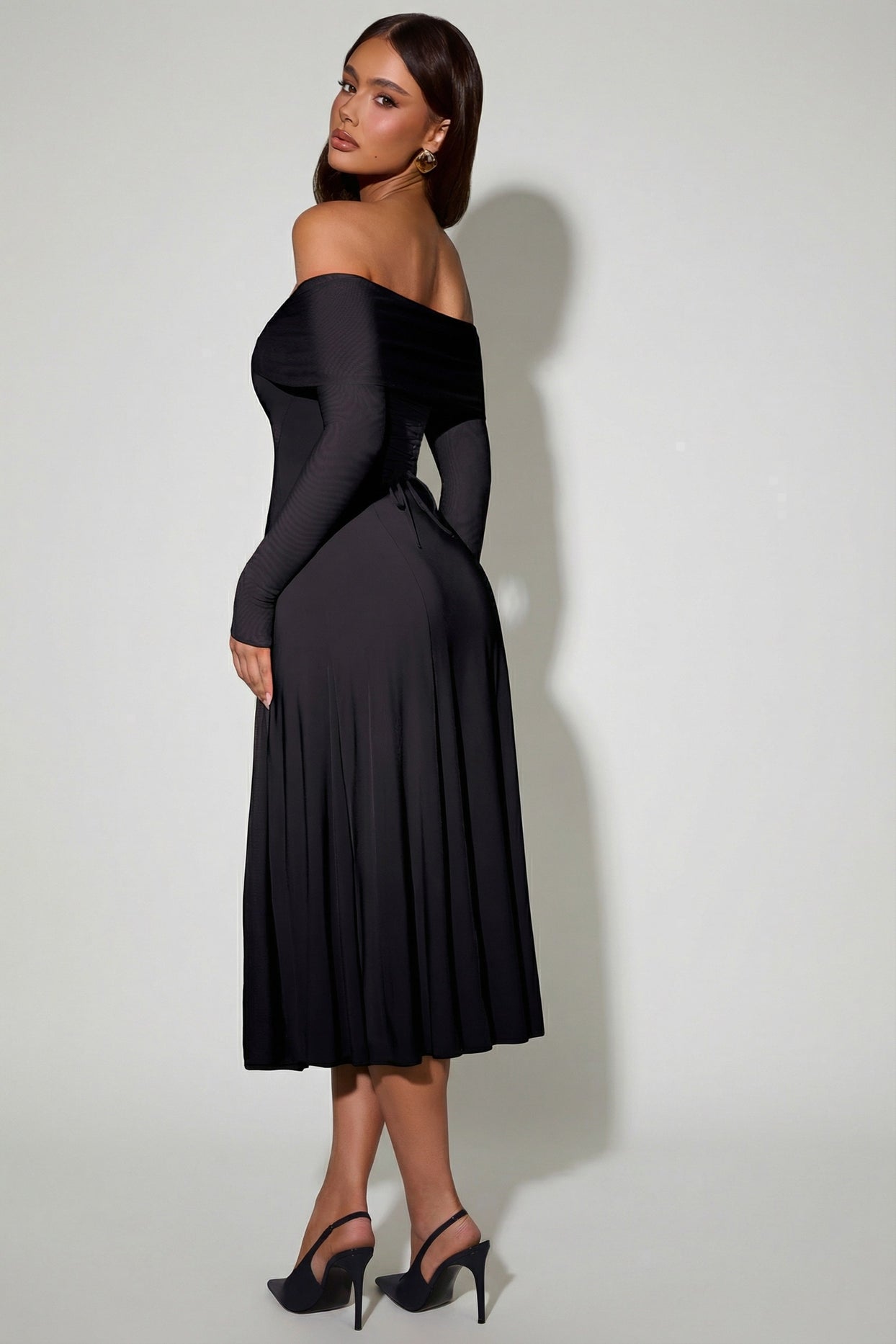Off-Shoulder Lace-Up A-Line Midaxi Dress in Black - 9
