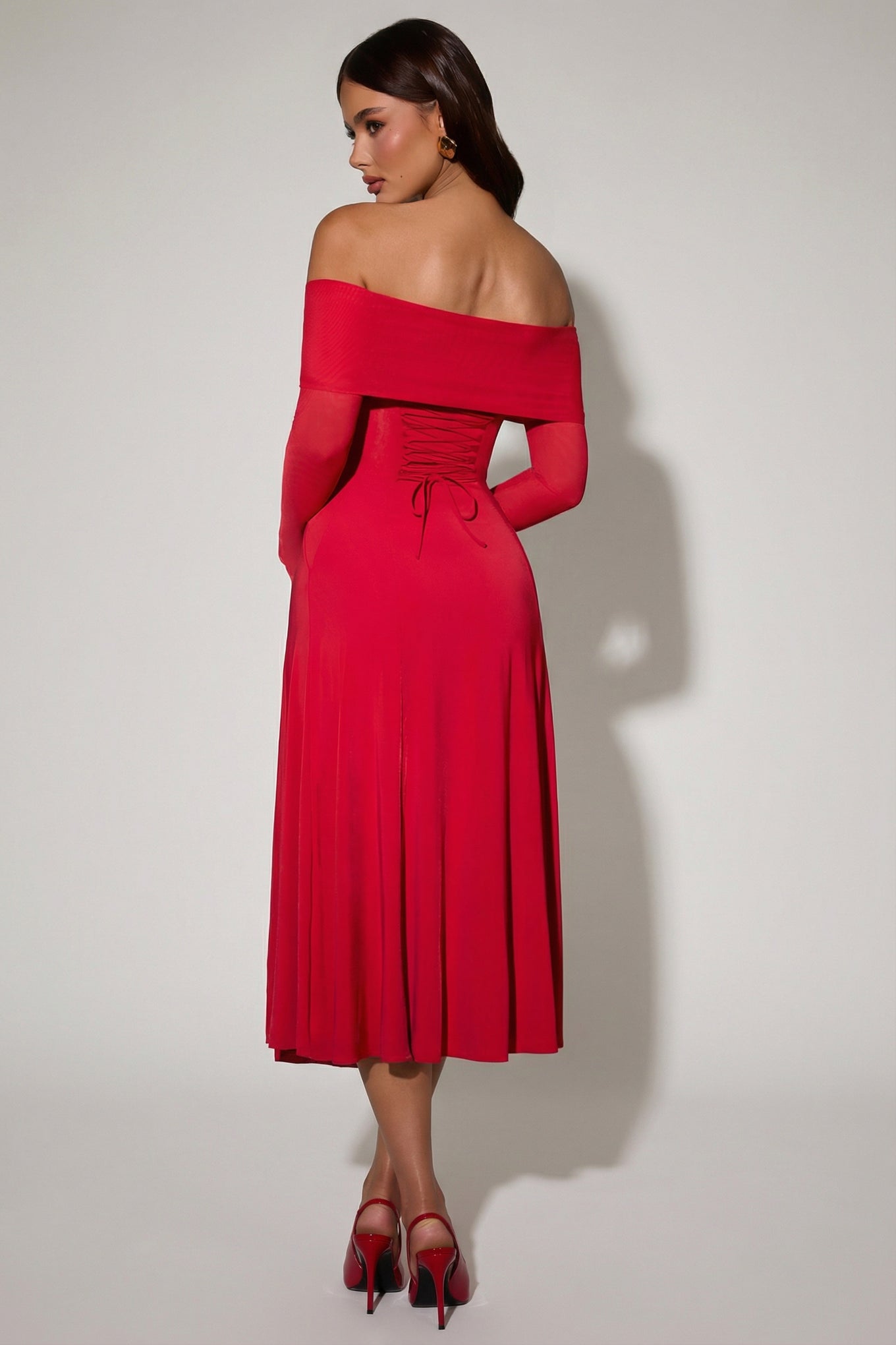 Off-Shoulder Lace-Up A-Line Midaxi Dress in Red - 2