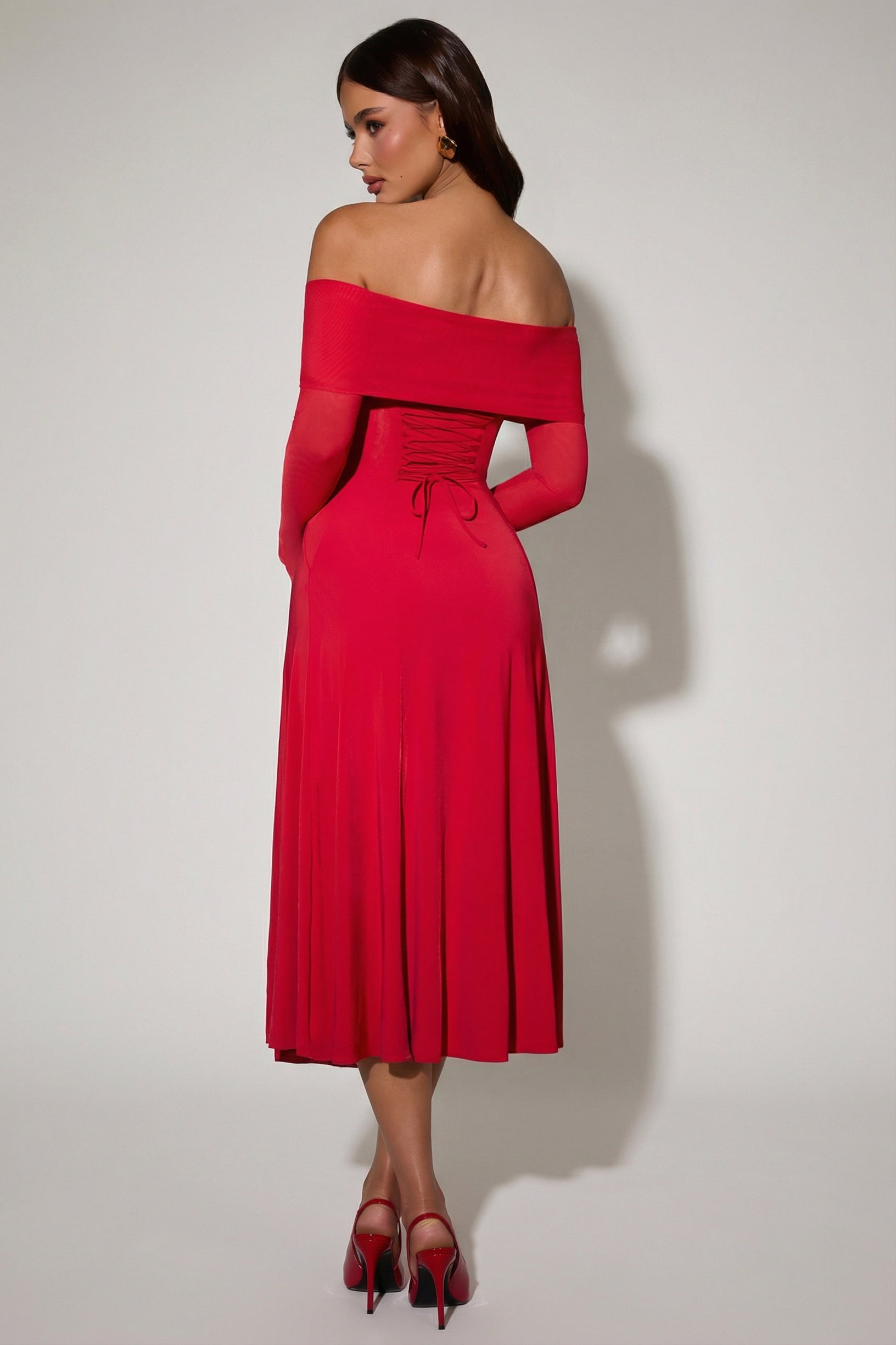 Off-Shoulder Lace-Up A-Line Midaxi Dress in Red - 2