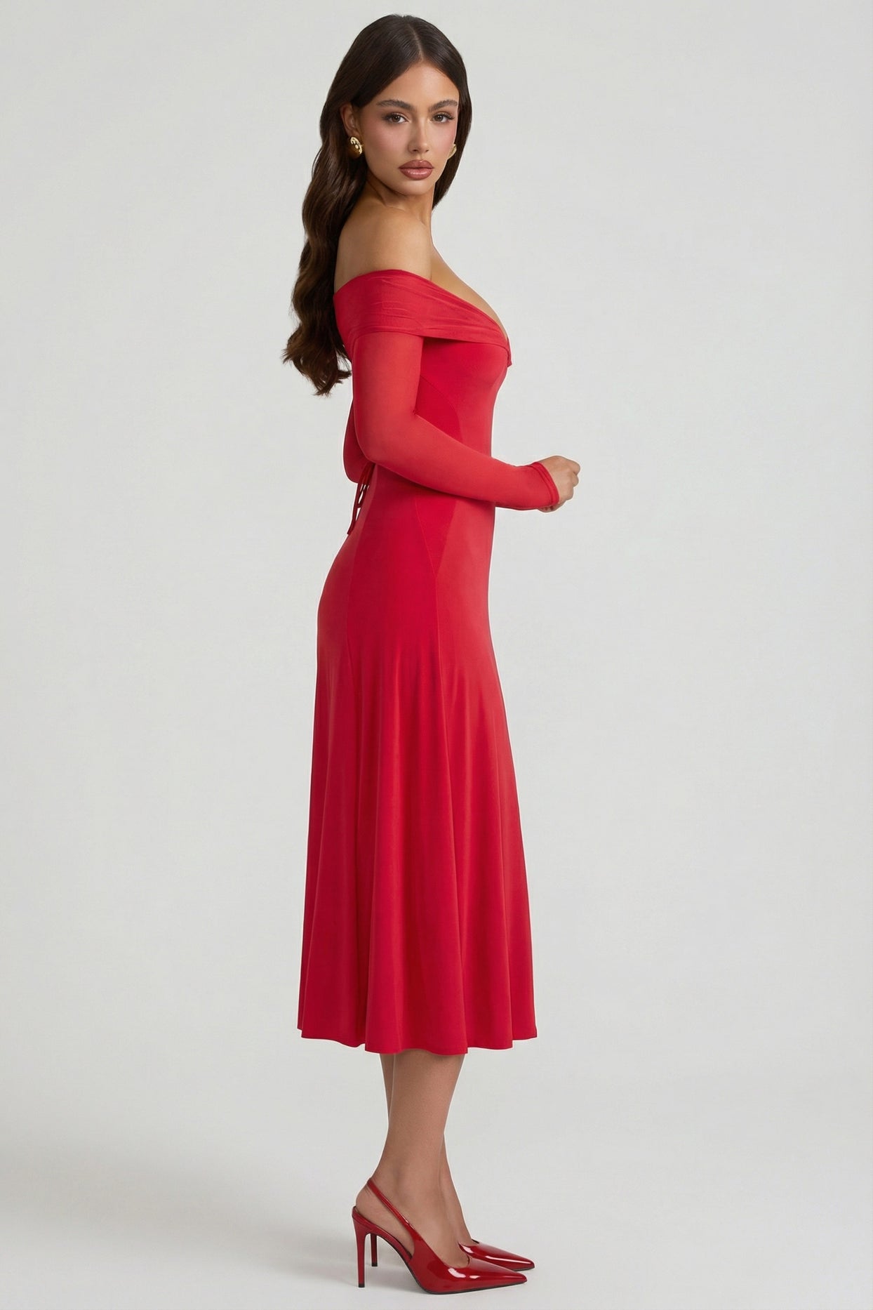 Off-Shoulder Lace-Up A-Line Midaxi Dress in Red - 6