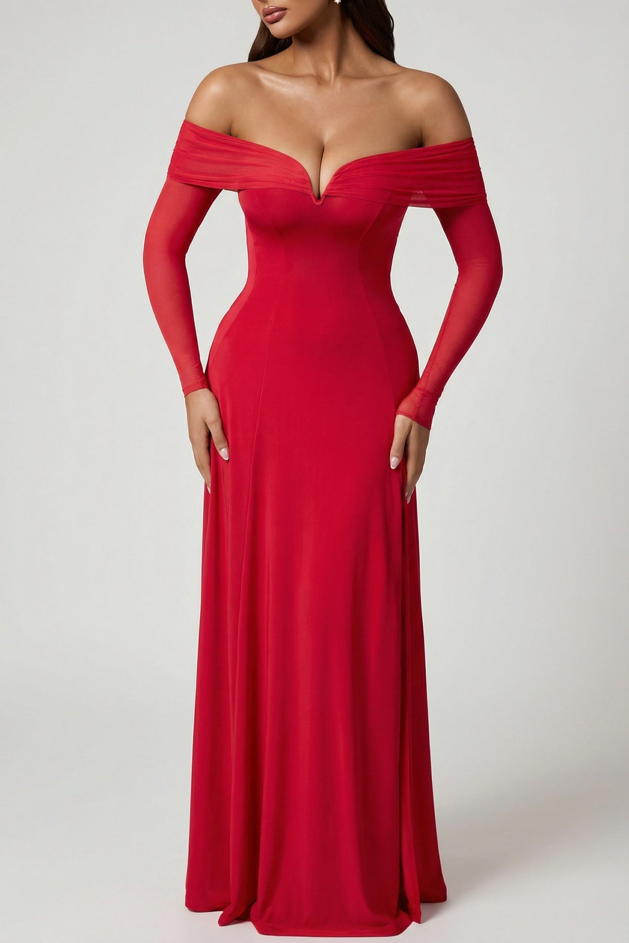 Off-Shoulder Lace-Up A-Line Midaxi Dress in Red - 3