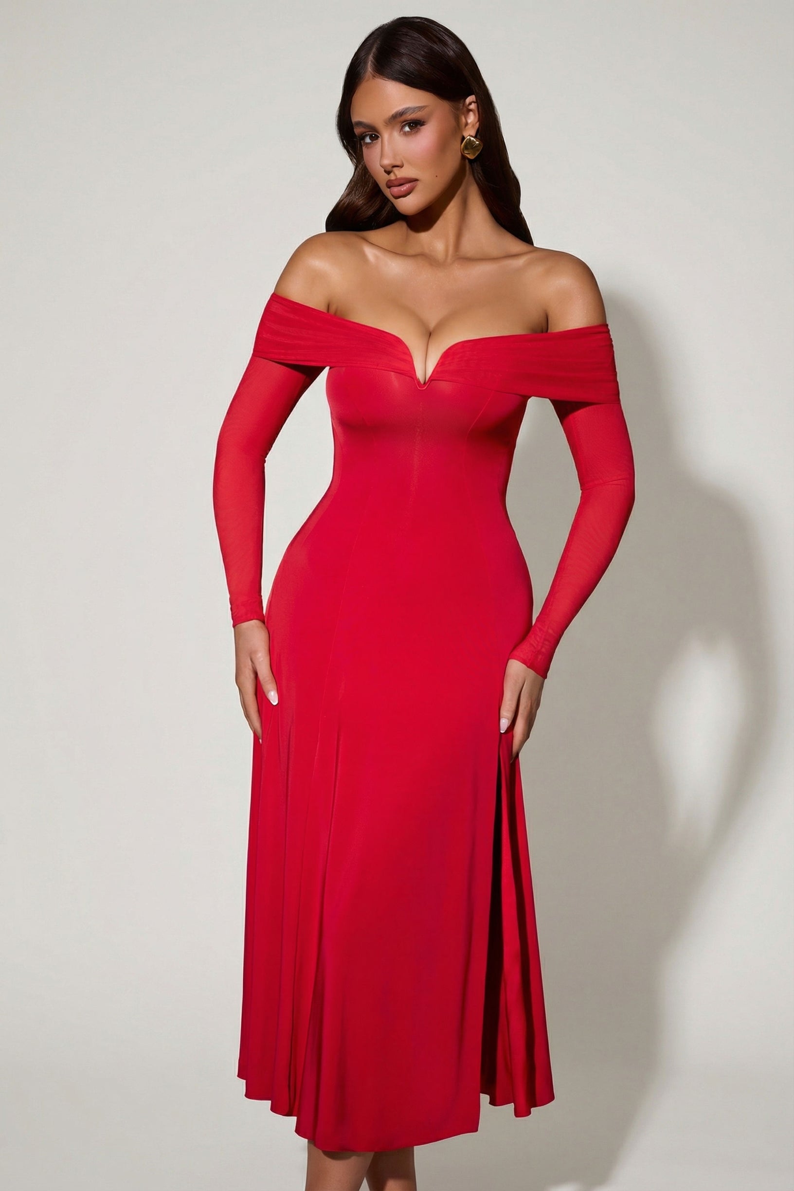 Off-Shoulder Lace-Up A-Line Midaxi Dress in Red - 1