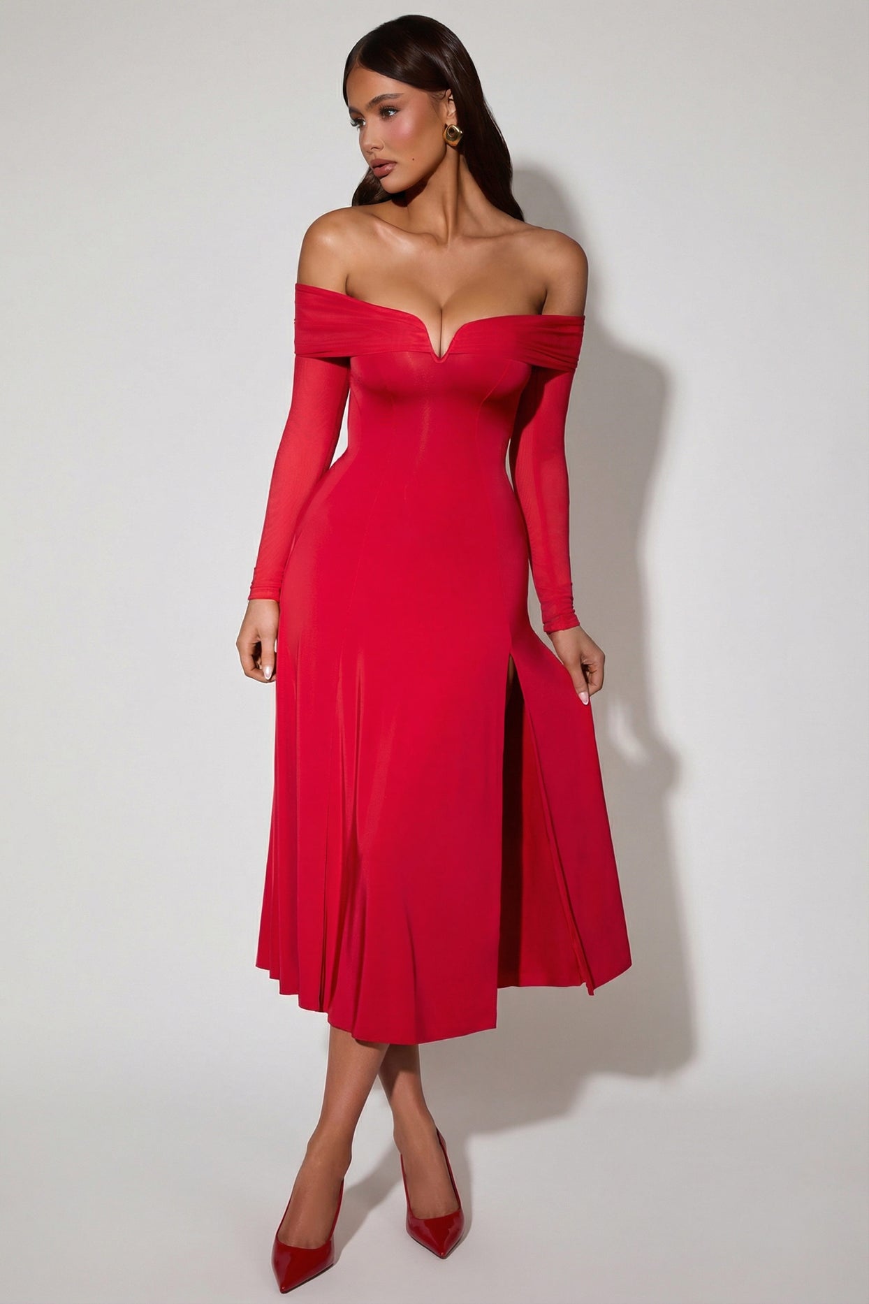 Off-Shoulder Lace-Up A-Line Midaxi Dress in Red - 5