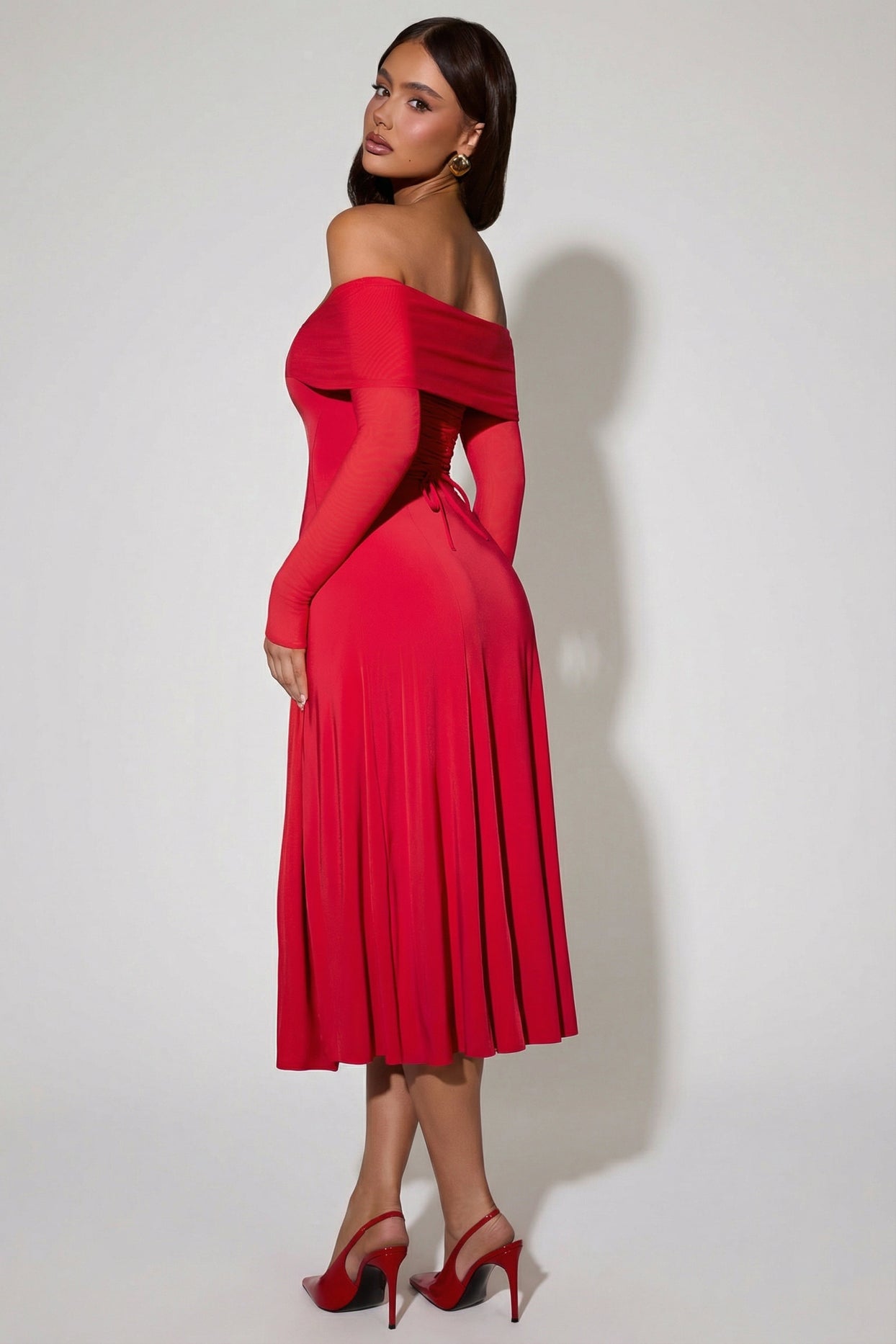 Off-Shoulder Lace-Up A-Line Midaxi Dress in Red - 9