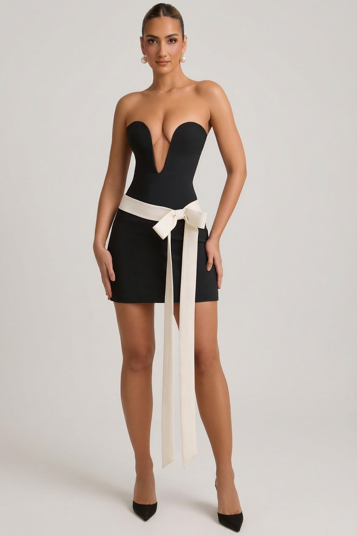 Strapless Bow-Detail A-Line Mini Dress in Black - 6
