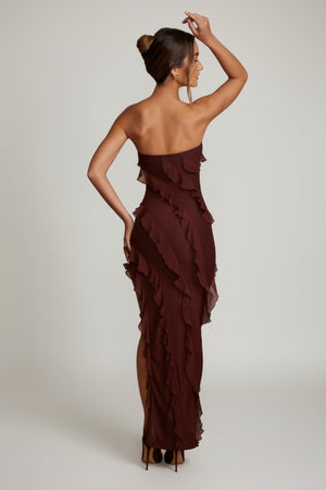 Oh Polly's Priscilla wearing the Nevali Maxi Dress in Brown Mesh fabric perfect for a romantic dinner date