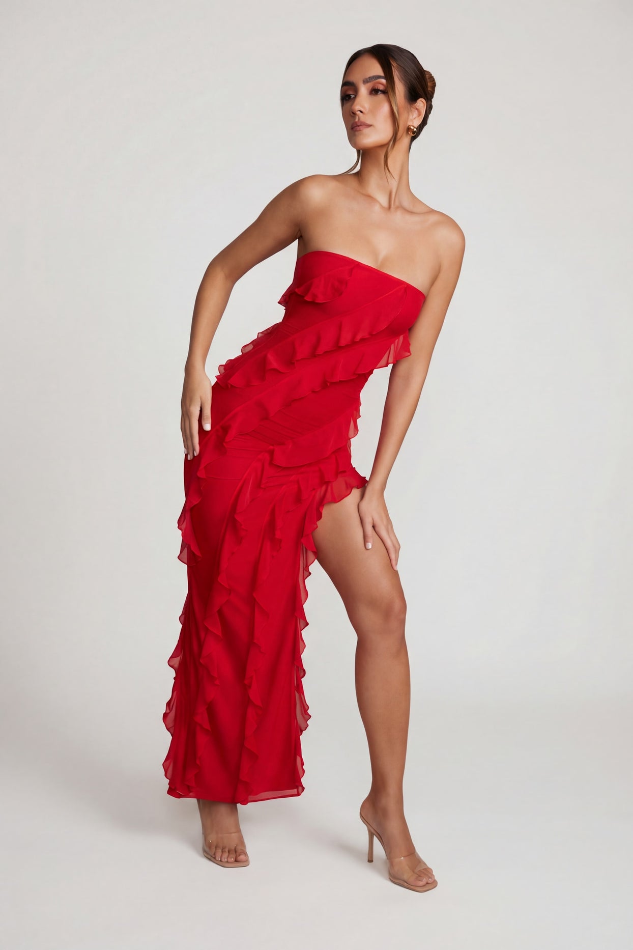 Bandeau Ruffle Detail Maxi Dress in Red - 5
