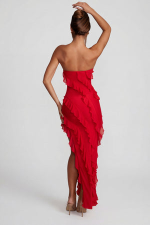 Oh Polly's Priscilla wearing the Nevali Maxi Dress in Red Mesh fabric perfect for a glamorous evening event