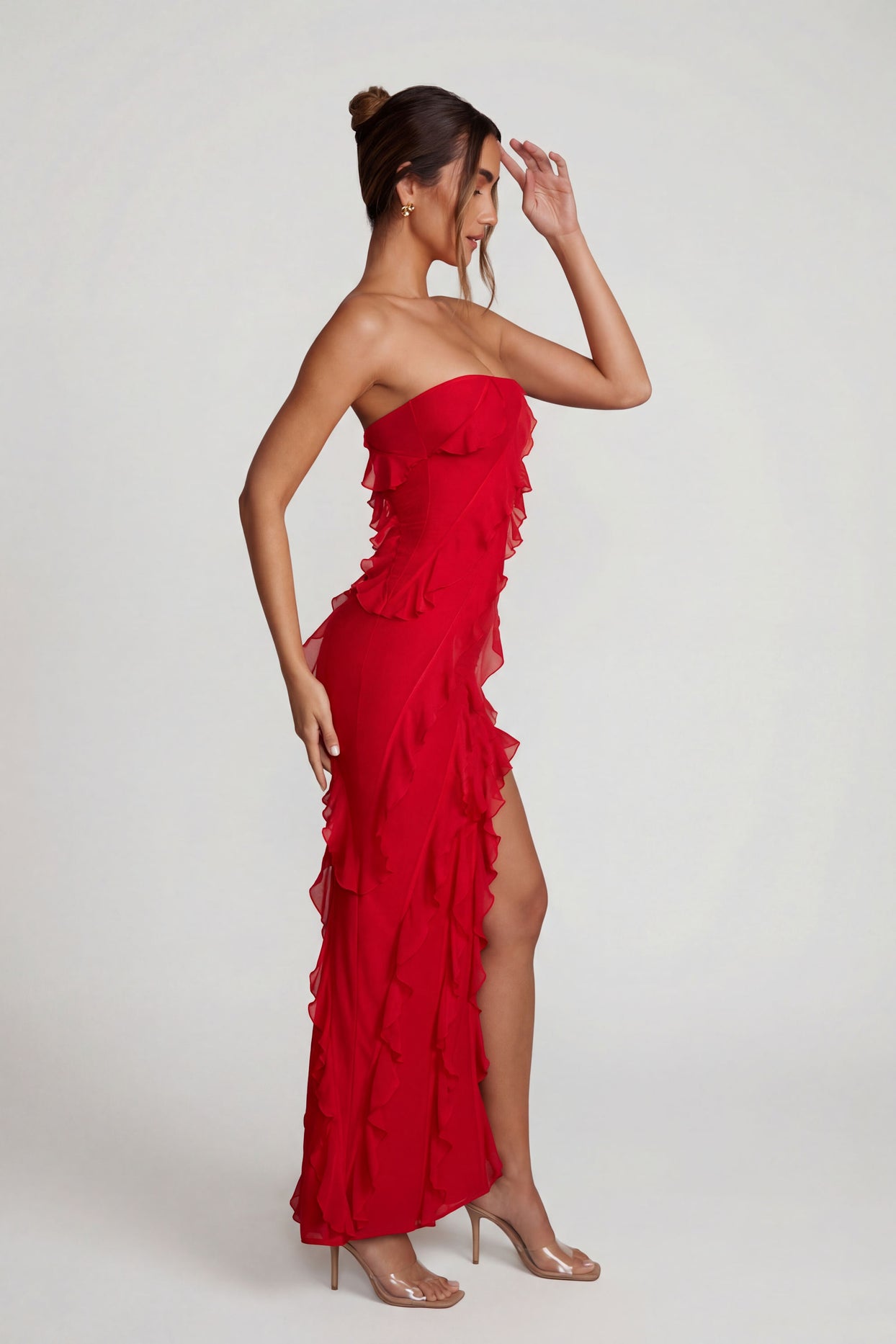 Bandeau Ruffle Detail Maxi Dress in Red - 4
