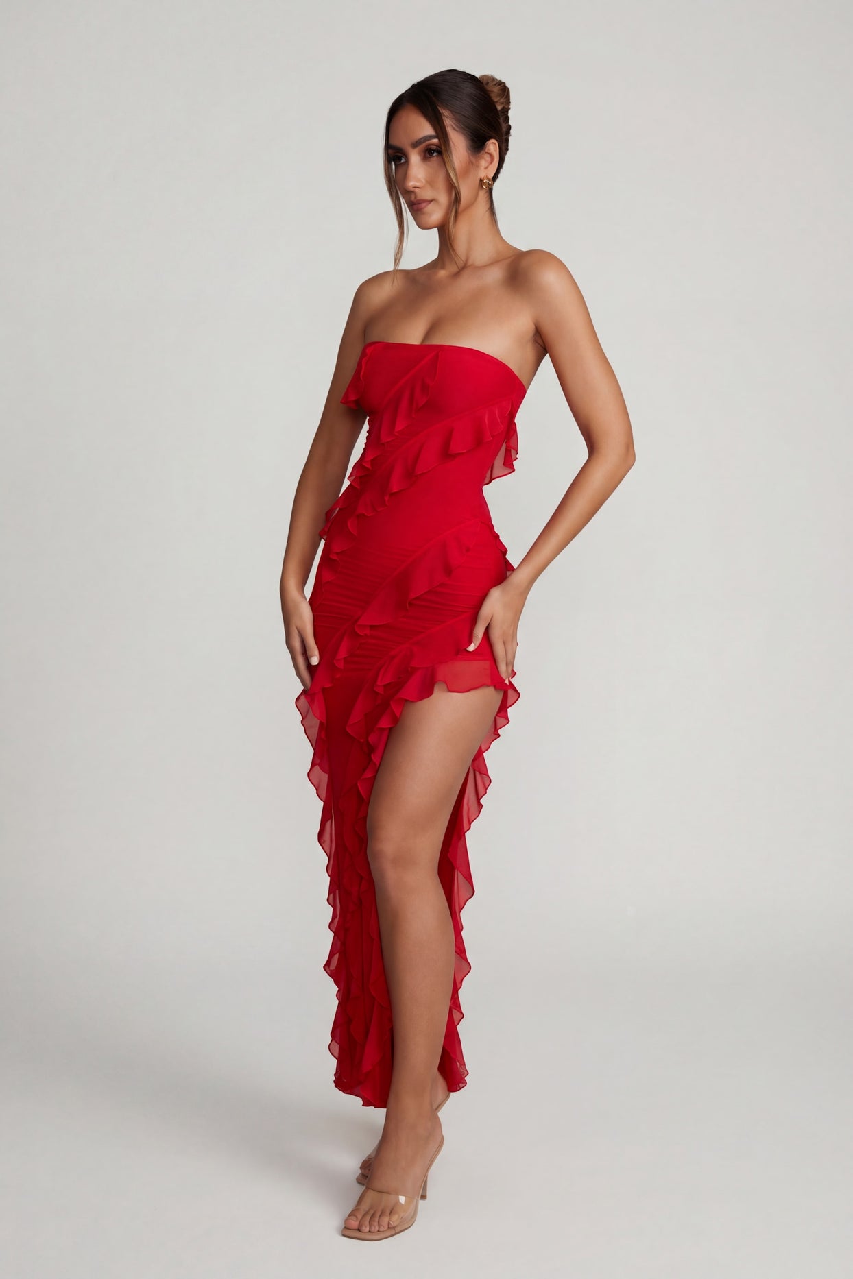 Bandeau Ruffle Detail Maxi Dress in Red - 6