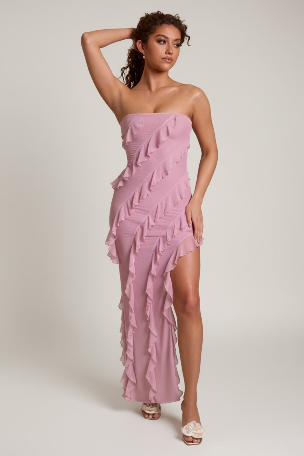 Bandeau Ruffle Detail Maxi Dress in Dusty Pink - 4