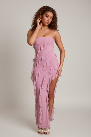 Oh Polly's Caroline wearing the Nevali Maxi Dress in Dusty Pink Mesh fabric perfect for summer weddings