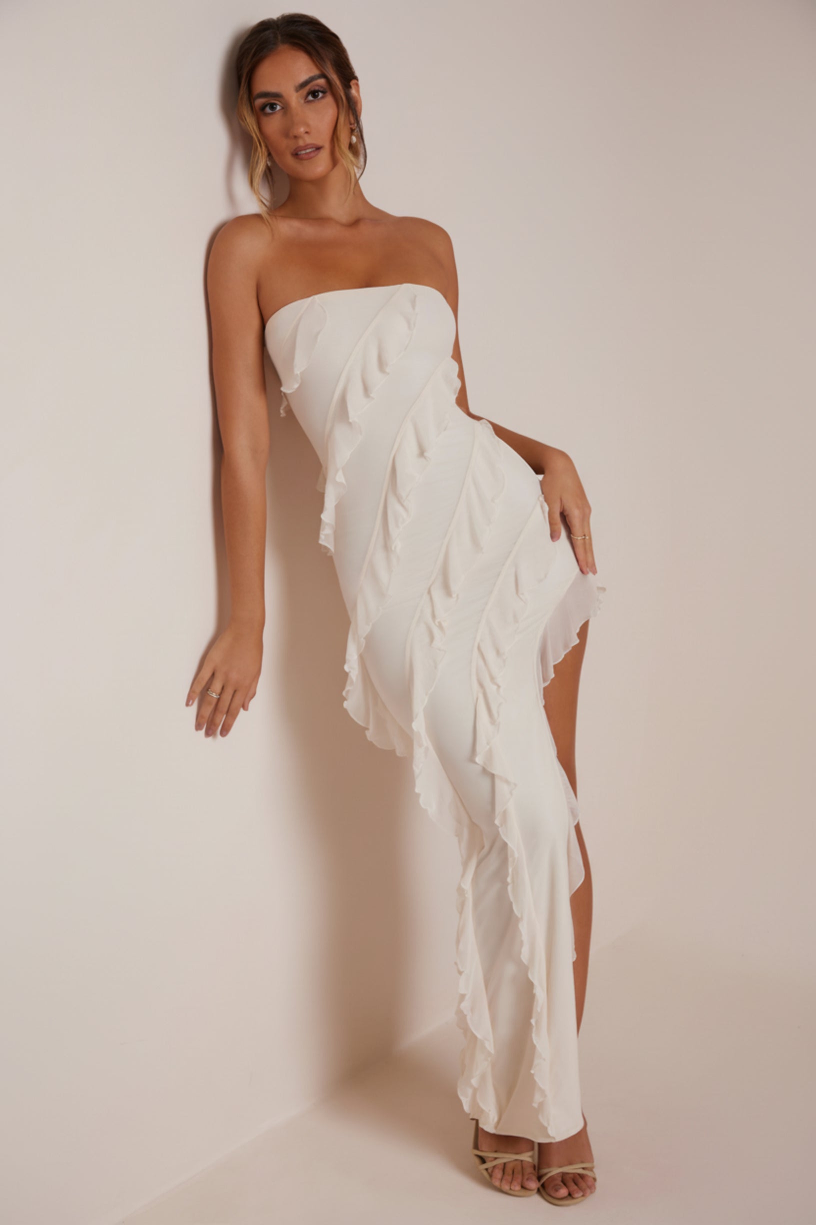 Bandeau Ruffle Detail Maxi Dress in Ivory - 1