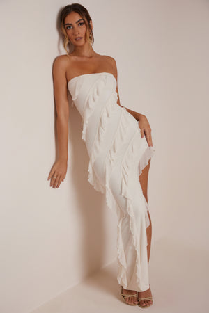 Oh Polly's Priscilla wearing the Nevali Maxi Dress in Ivory Mesh fabric perfect for elegant evening events