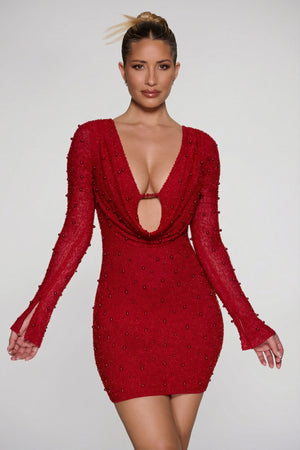 Oh Polly's Sierra Skye wearing the Nice Mini Dress in Red Embellished fabric perfect for a night out