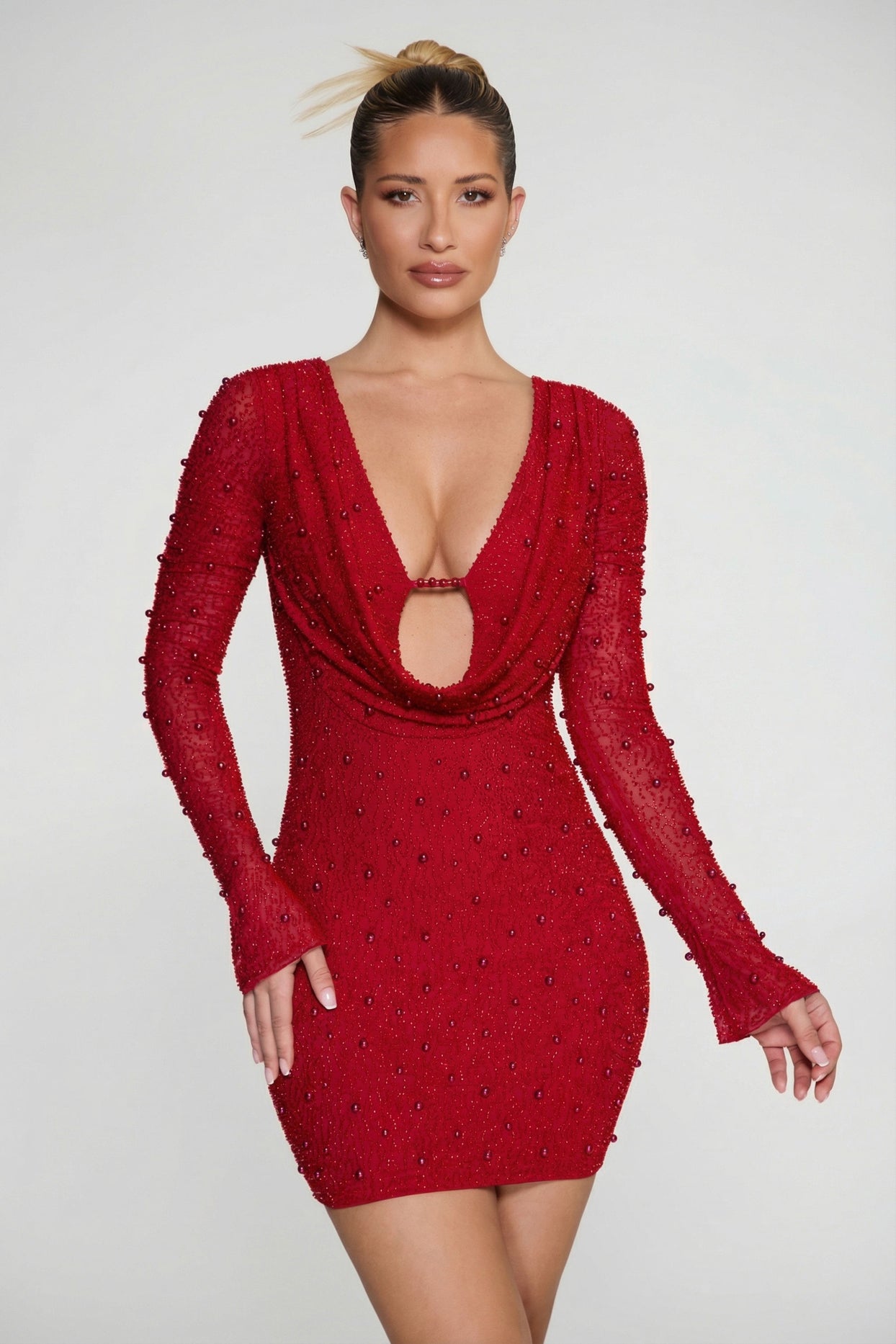 Long Sleeve Deep Plunge Mini Dress in Red - 3