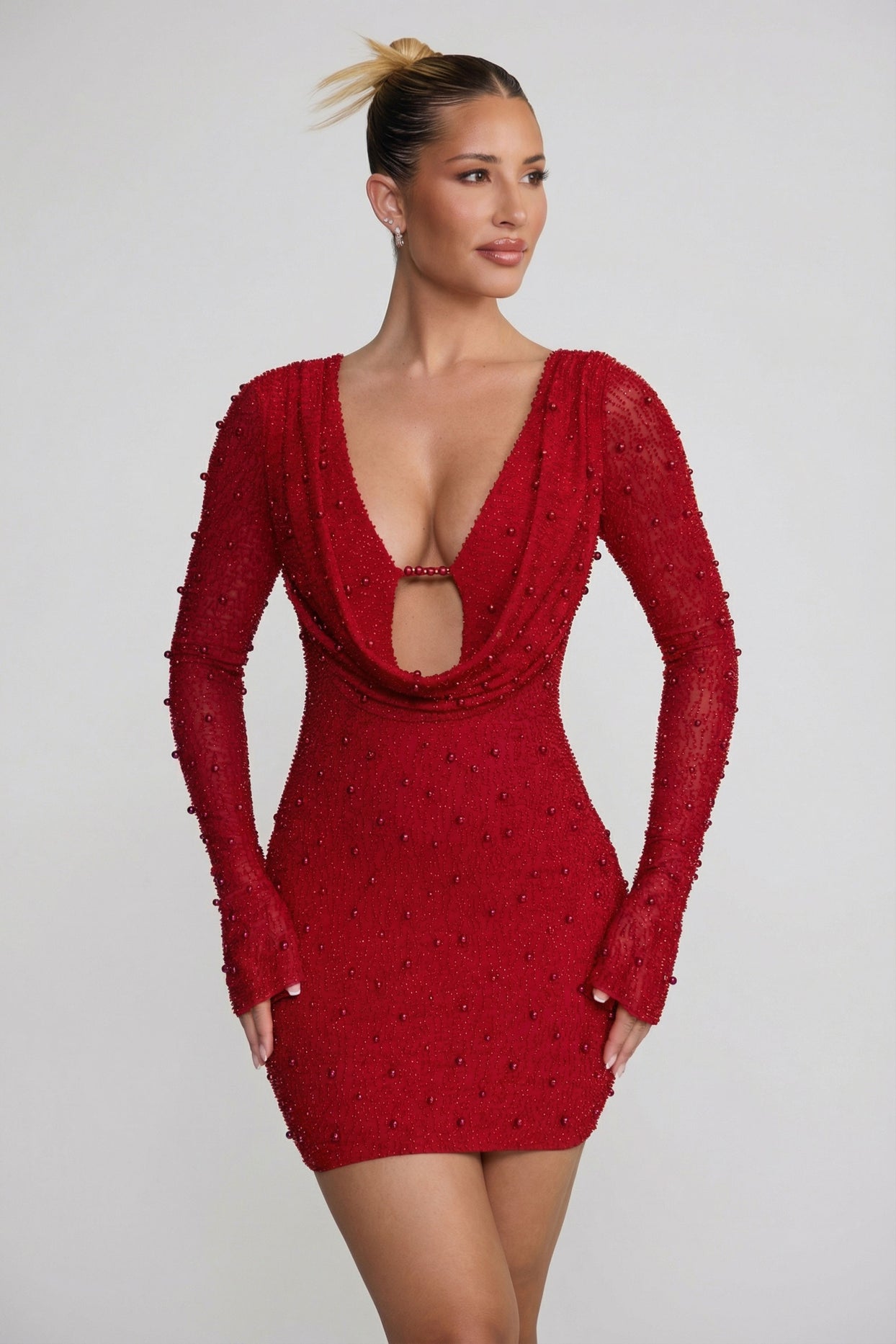 Long Sleeve Deep Plunge Mini Dress in Red - 4