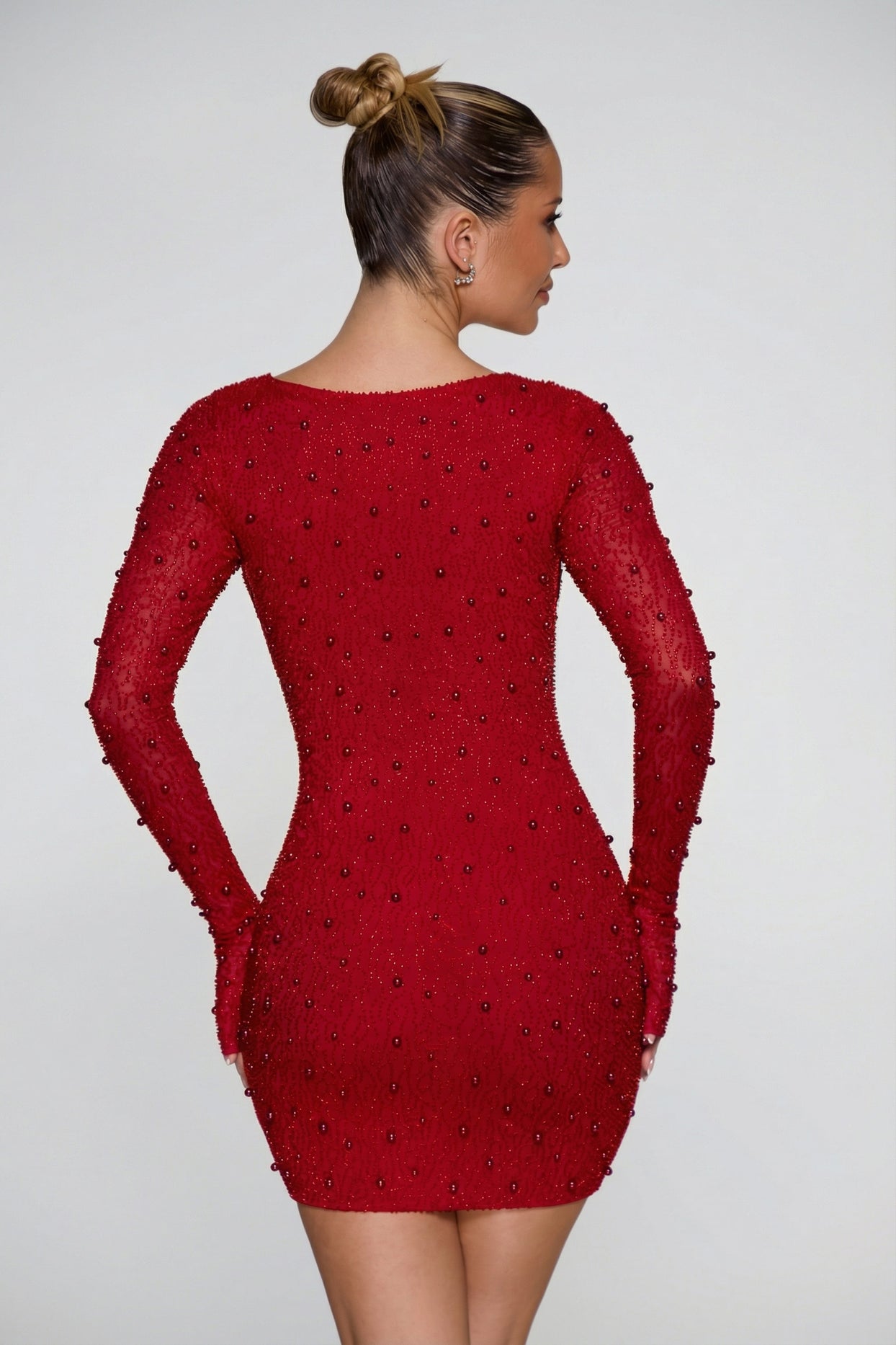 Long Sleeve Deep Plunge Mini Dress in Red - 2