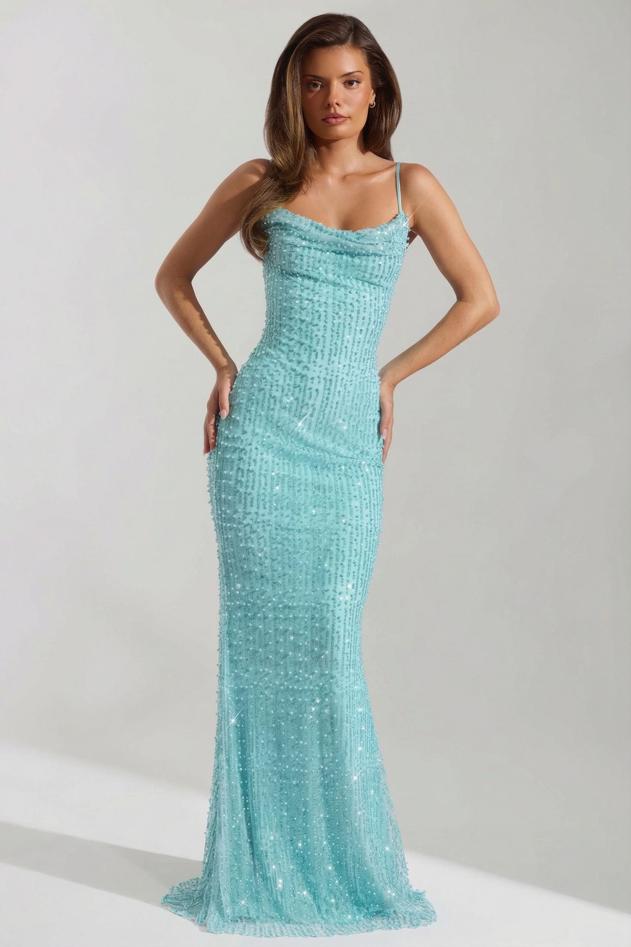 Embellished Cowl-Neck Backless Maxi Dress in Aqua Blue - 1