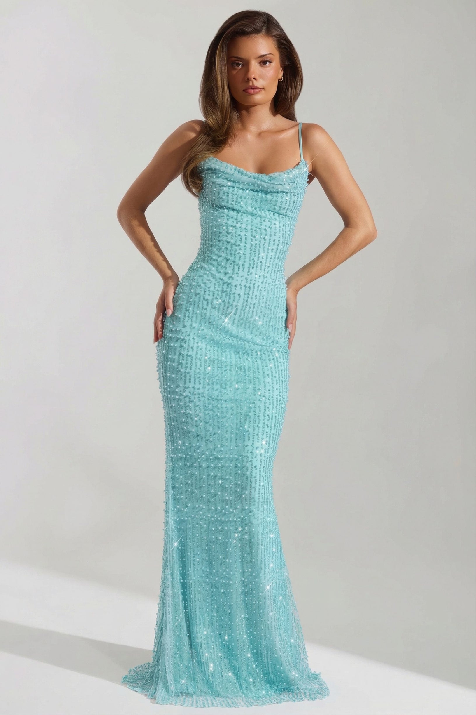 Embellished Cowl-Neck Backless Maxi Dress in Aqua Blue - 1