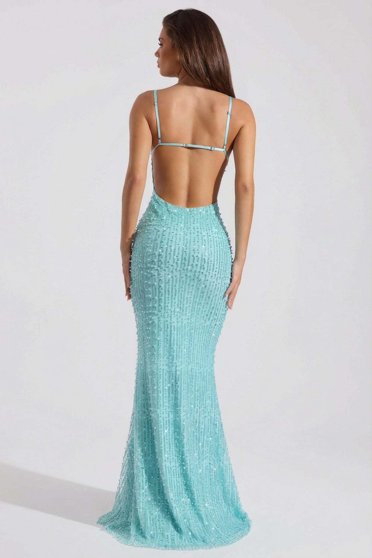 Embellished Cowl-Neck Backless Maxi Dress in Aqua Blue - 6