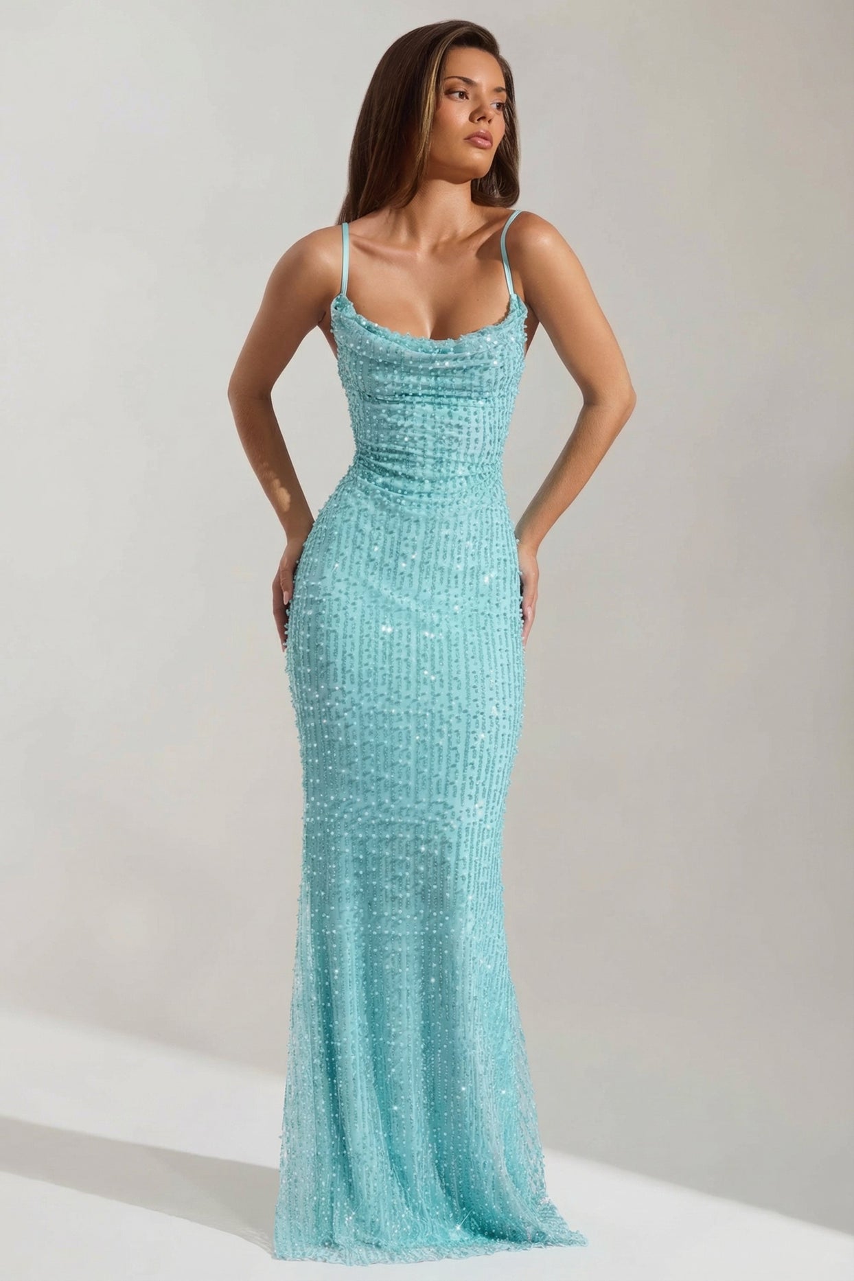 Embellished Cowl-Neck Backless Maxi Dress in Aqua Blue - 5