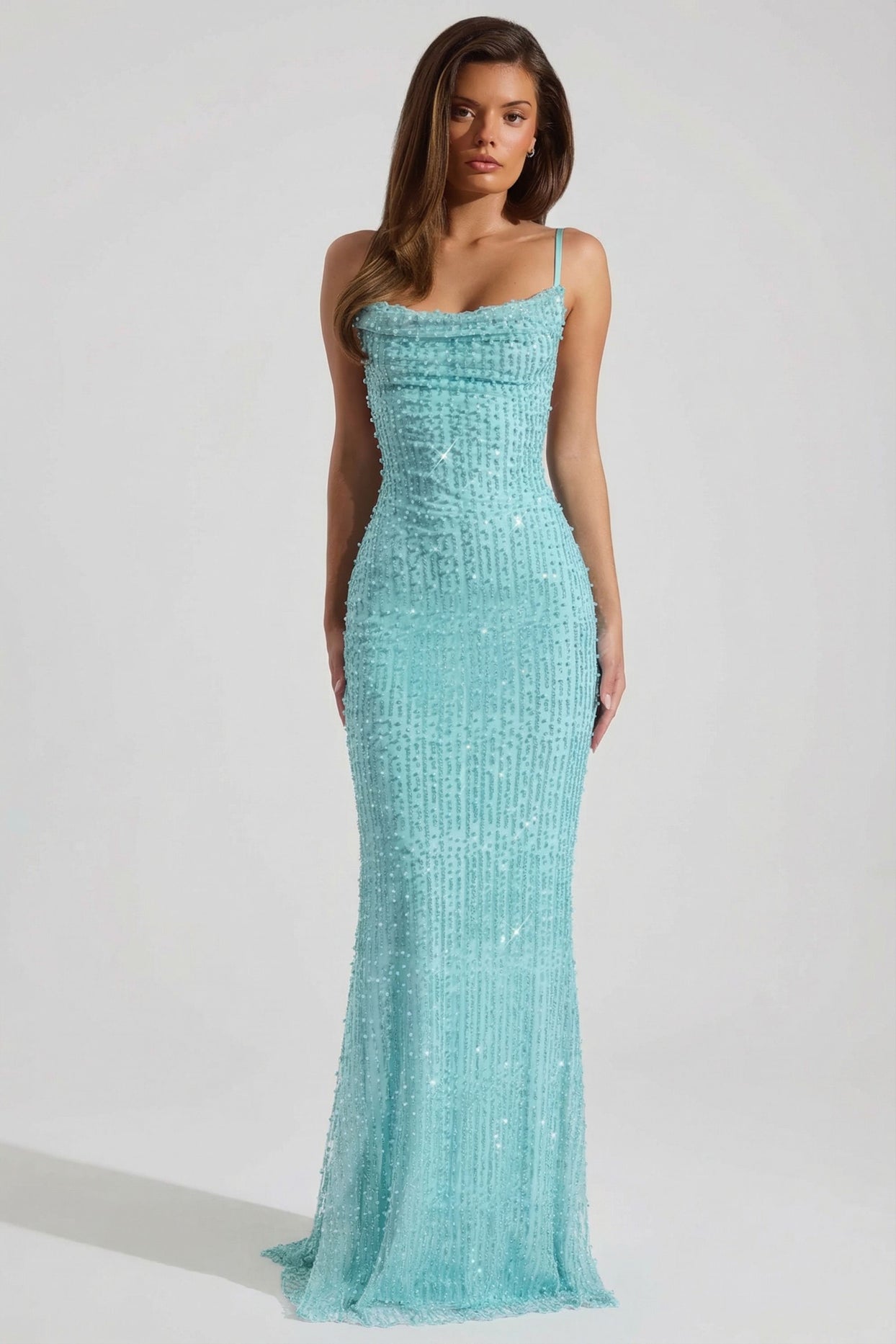 Embellished Cowl-Neck Backless Maxi Dress in Aqua Blue - 8