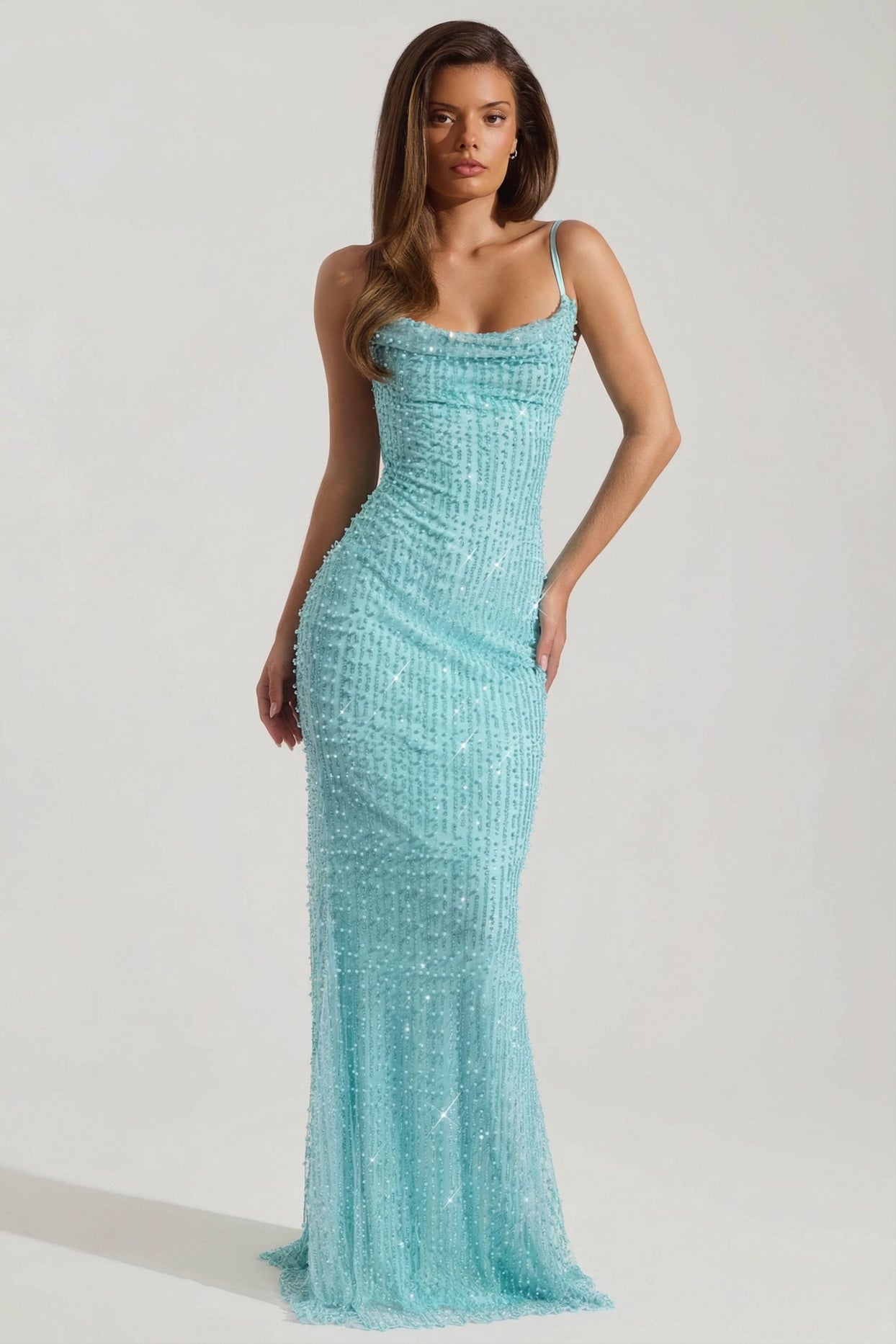 Embellished Cowl-Neck Backless Maxi Dress in Aqua Blue - 7