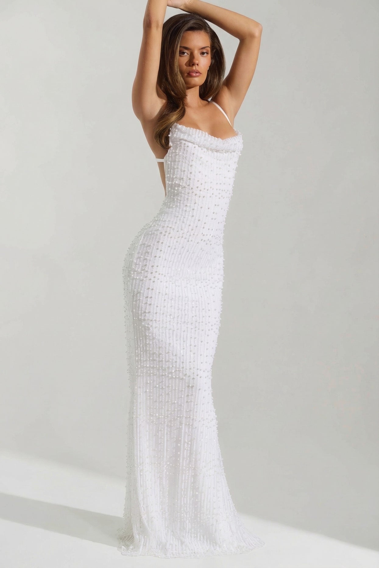 Embellished Cowl-Neck Backless Maxi Dress in White - 5