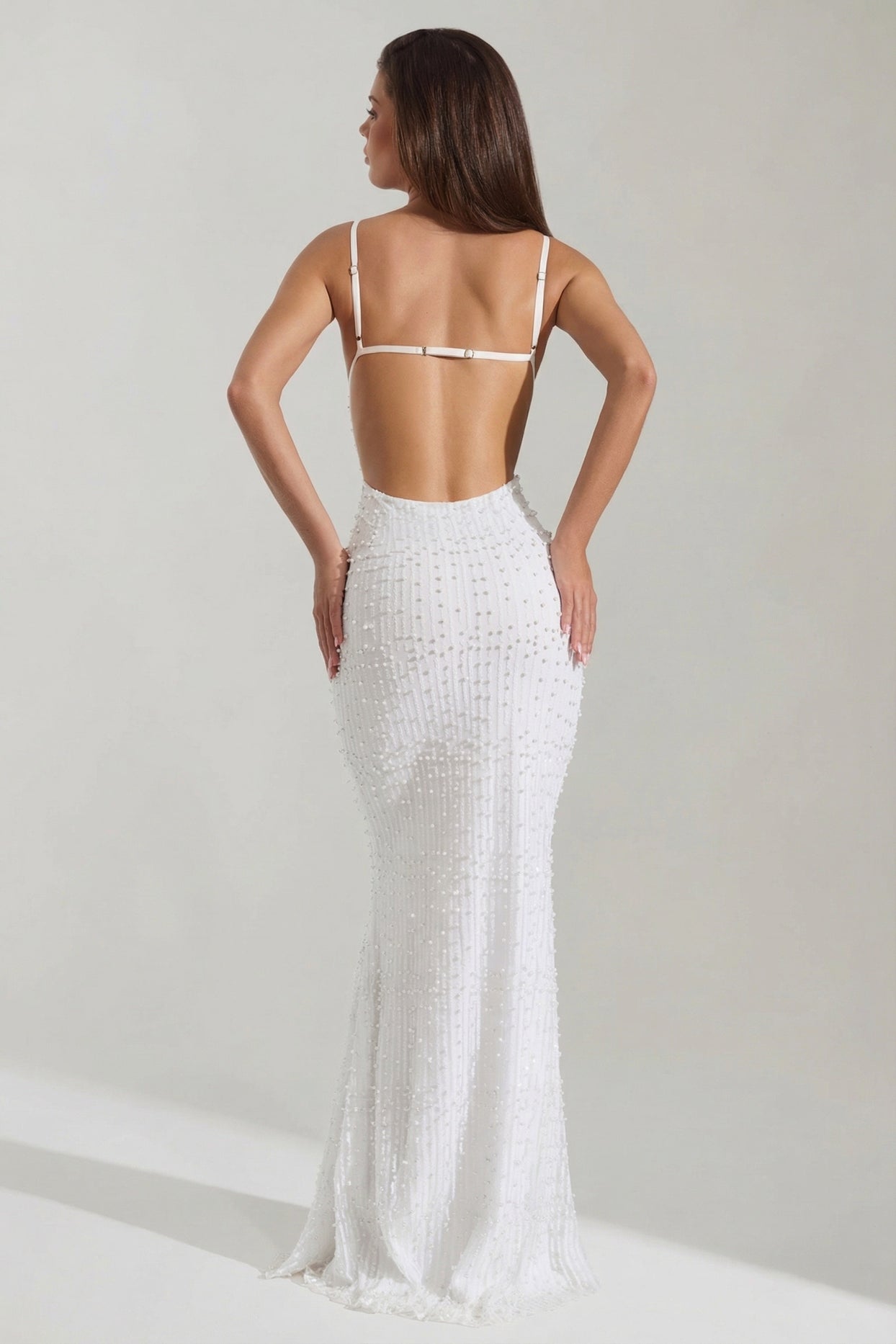 Embellished Cowl-Neck Backless Maxi Dress in White - 2