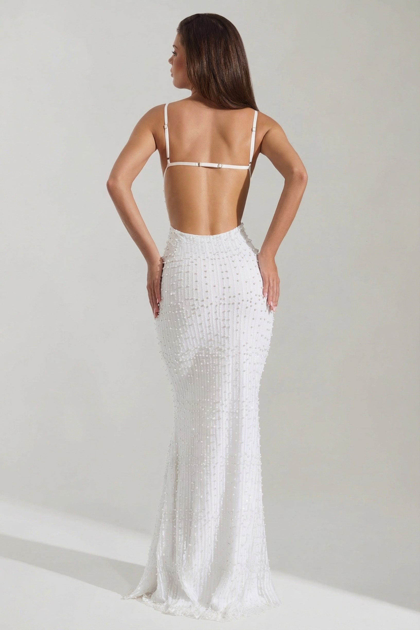 Embellished Cowl-Neck Backless Maxi Dress in White - 2