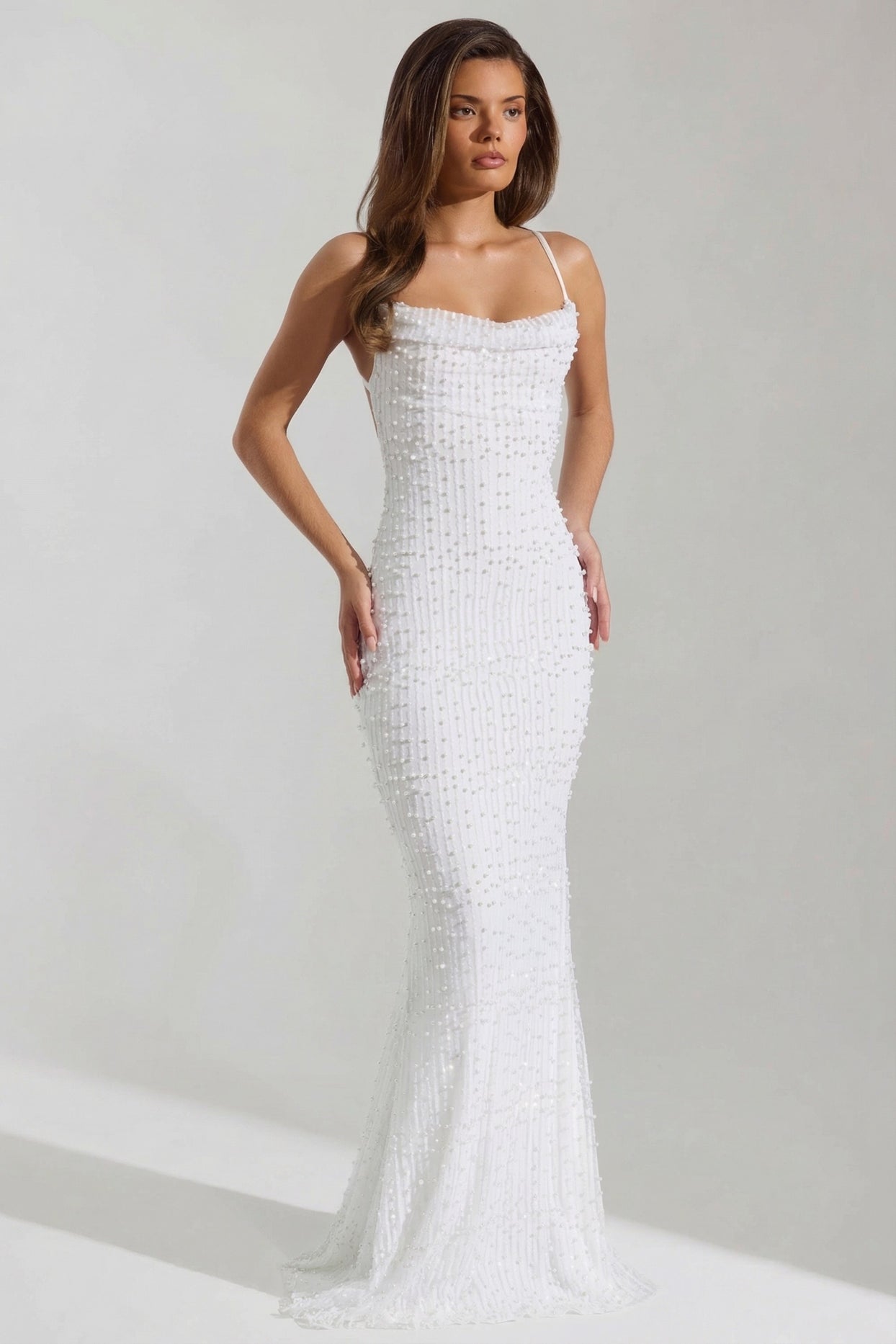 Embellished Cowl-Neck Backless Maxi Dress in White - 6