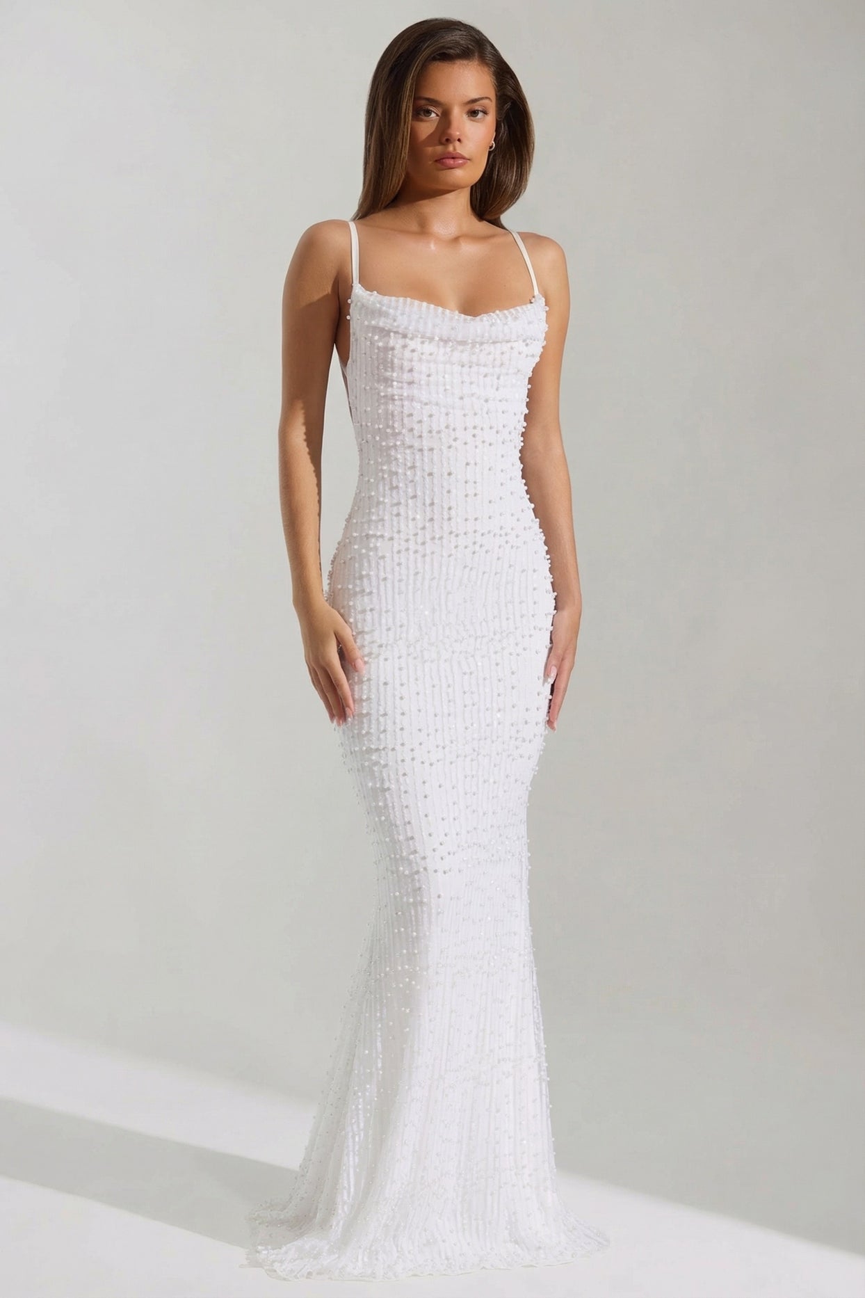 Embellished Cowl-Neck Backless Maxi Dress in White - 1