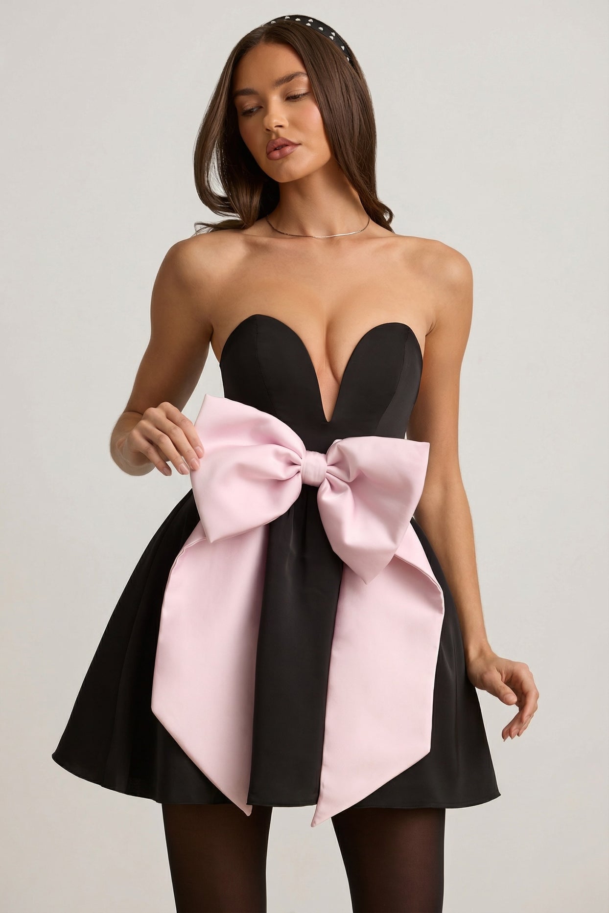 Bow-Detail Corset Mini Dress in Black - 1