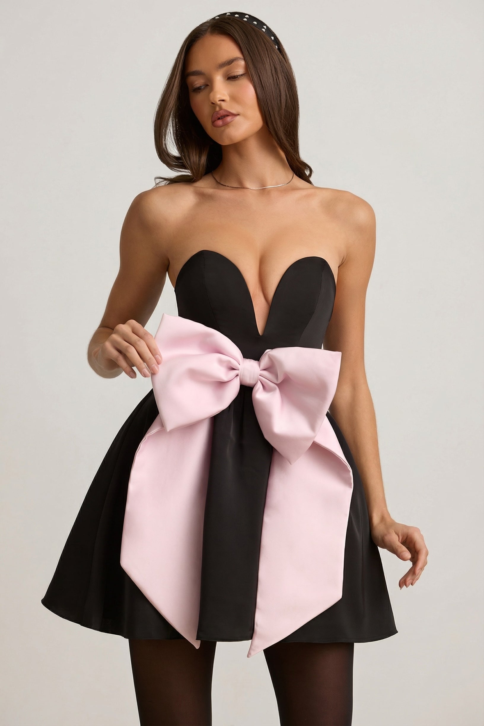 Bow-Detail Corset Mini Dress in Black - 1