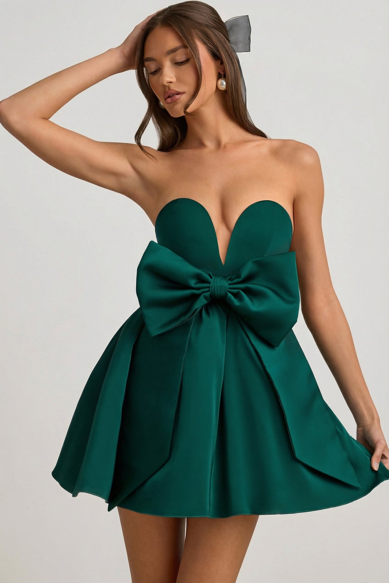 Bow-Detail Corset Mini Dress in Emerald Green - 8