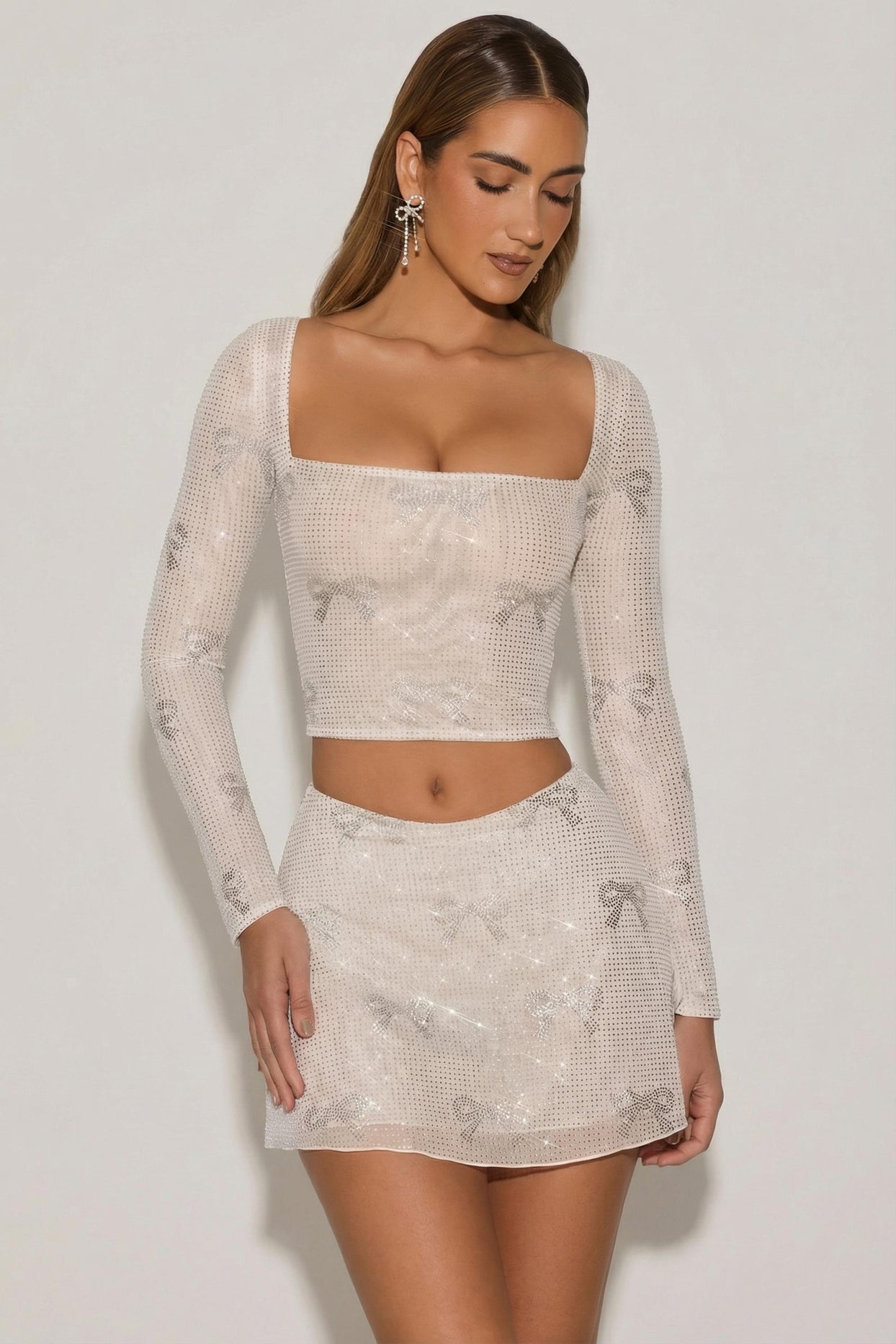 Embellished Mid-Rise A-Line Mini Skirt in Ivory - 6