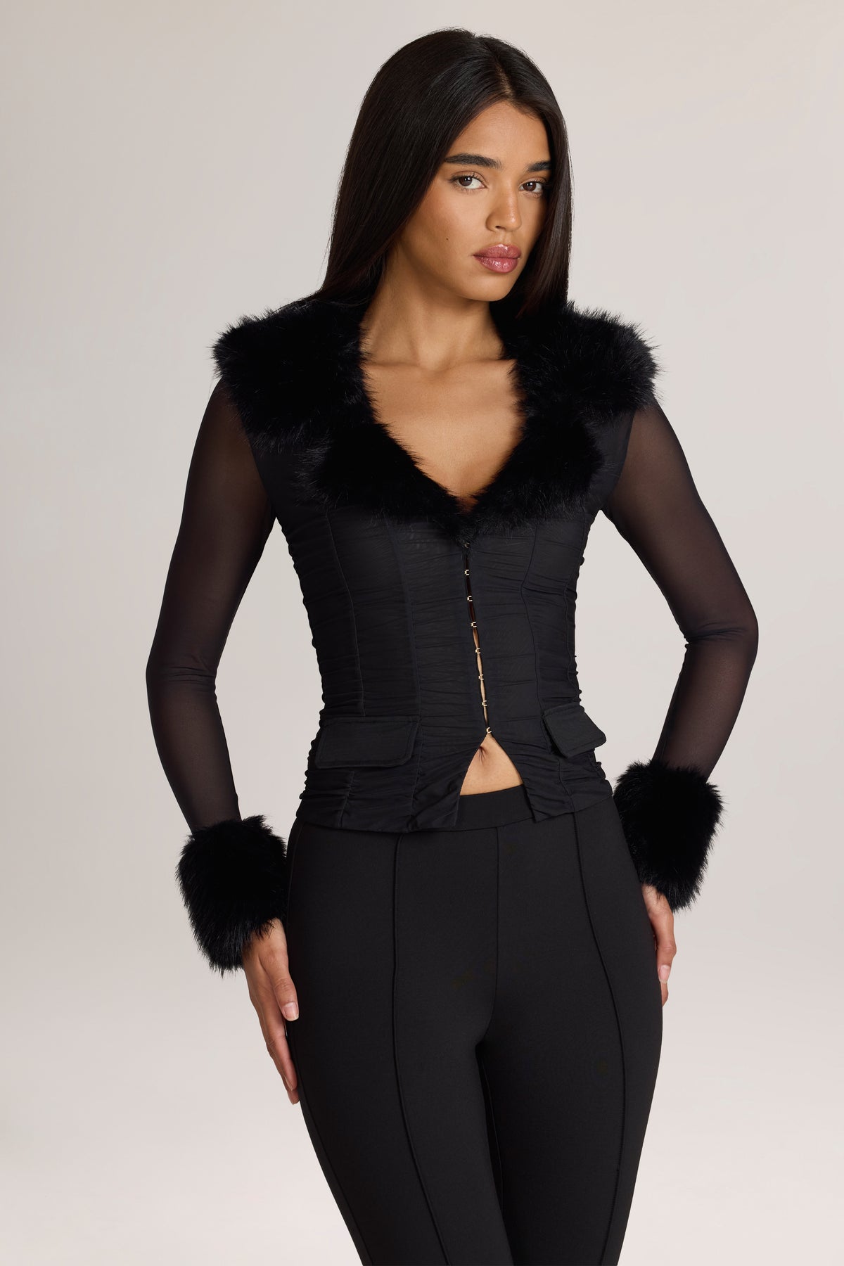 Long-Sleeve Faux-Fur-Trim Jacket in Black - 1