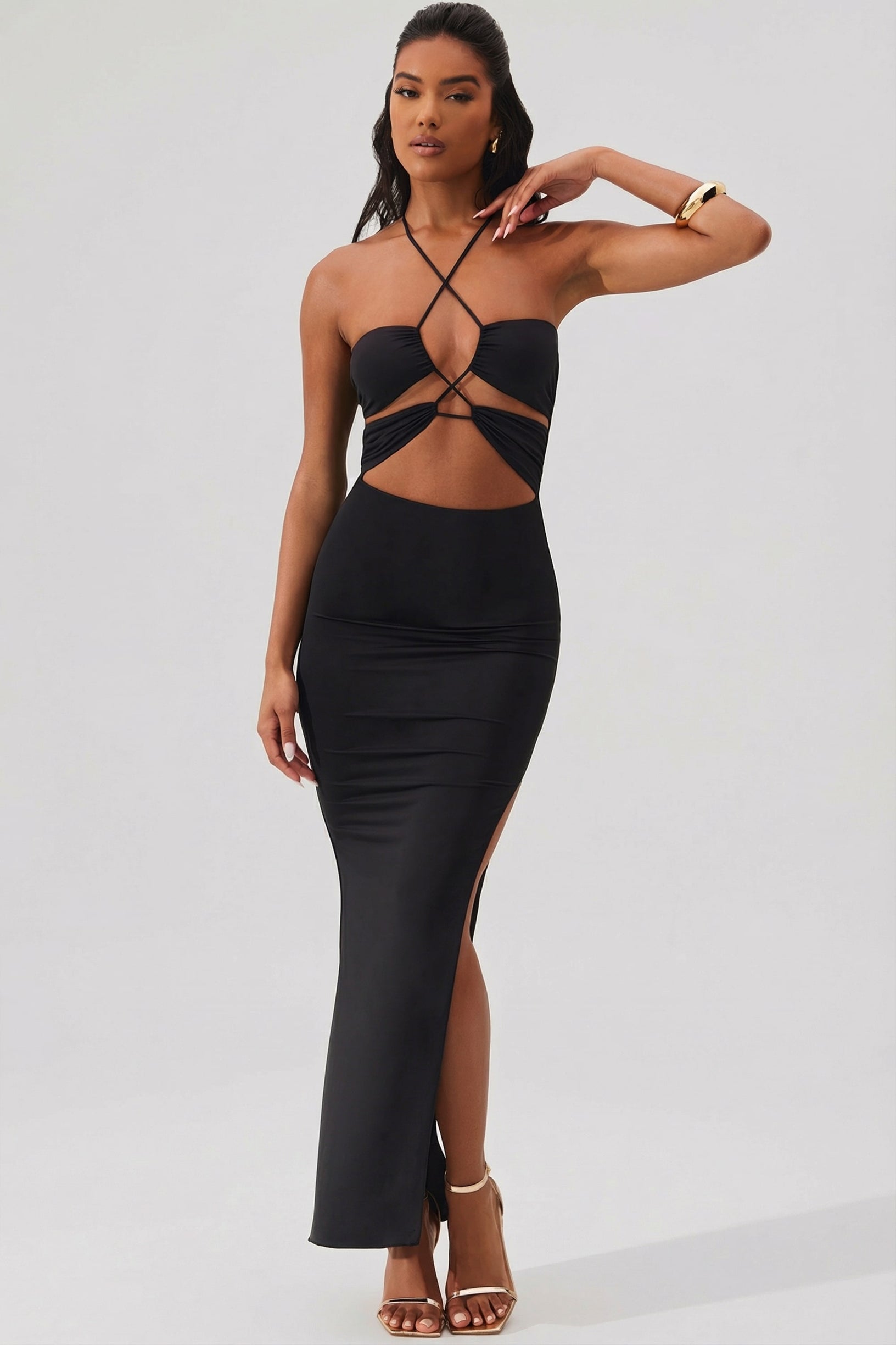 Cut Out Halter Neck Floor Length Maxi Dress in Black - 1