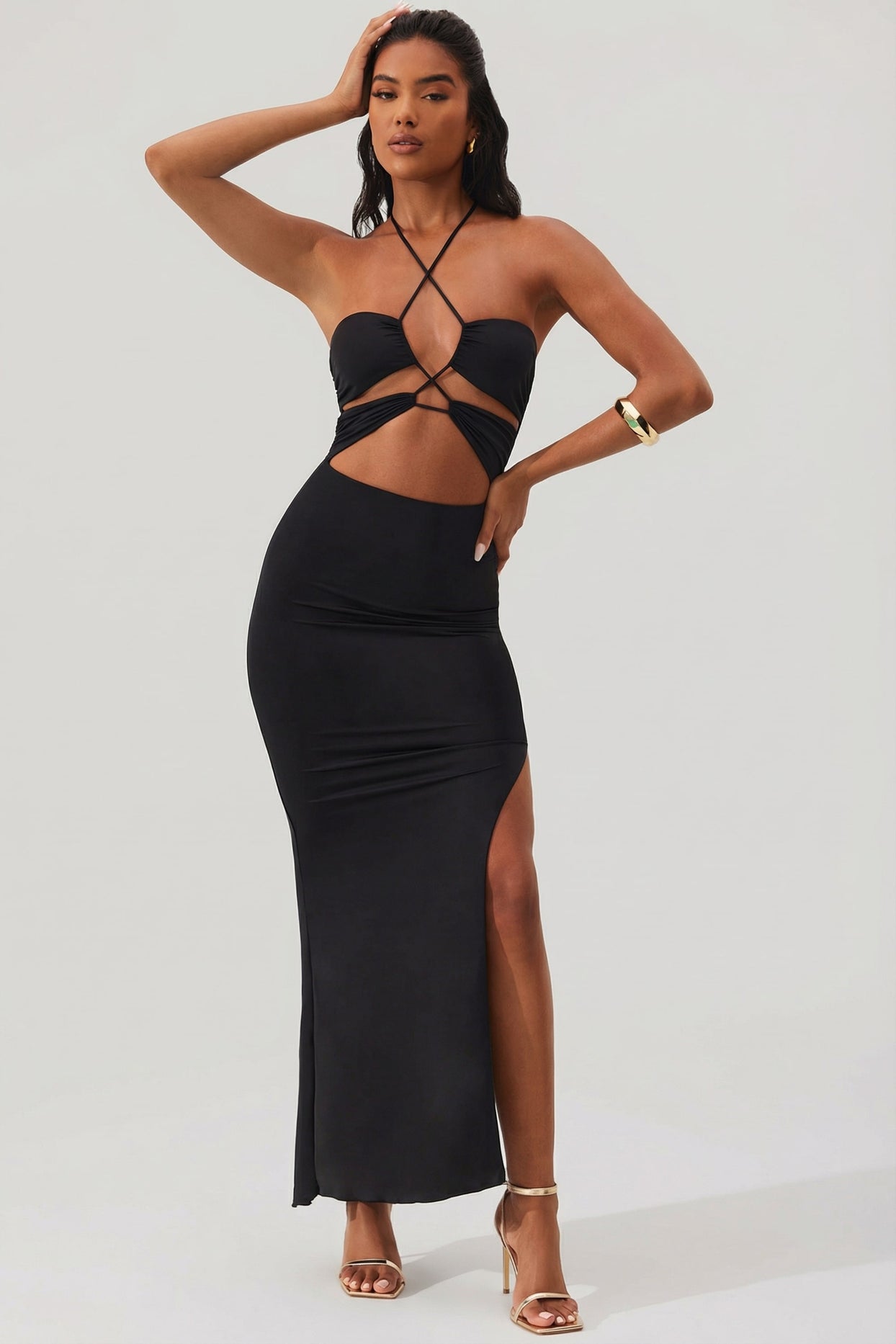 Cut Out Halter Neck Floor Length Maxi Dress in Black - 5
