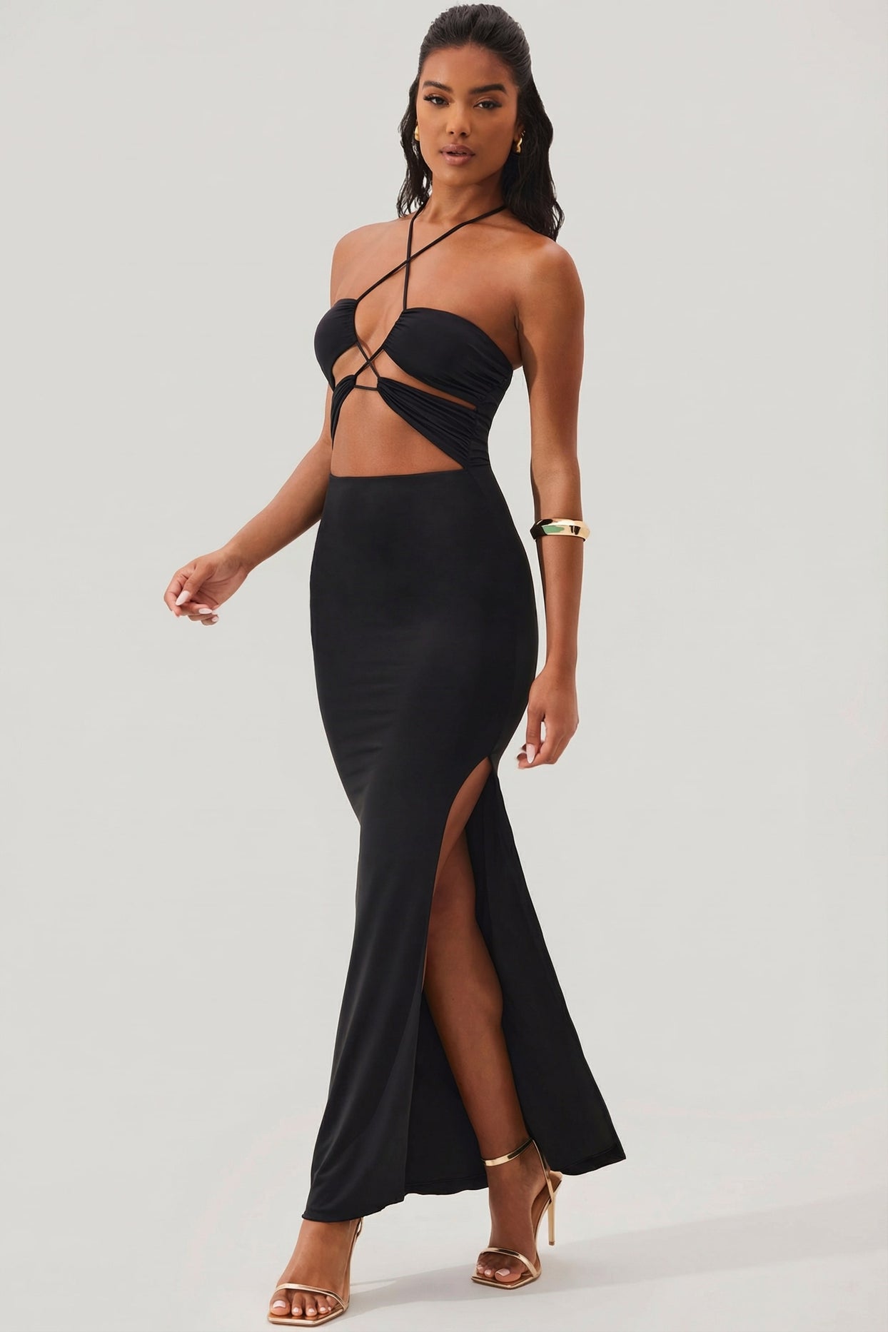 Cut Out Halter Neck Floor Length Maxi Dress in Black - 7